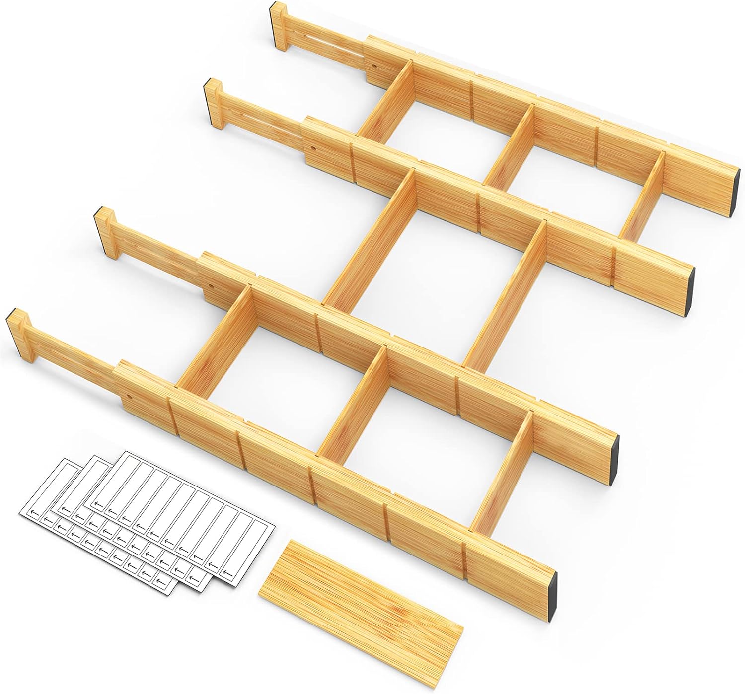 Bamboo Drawer Dividers with Inserts and Labels, Kitchen Adjustable Drawer Organizers, Expandable Organization for