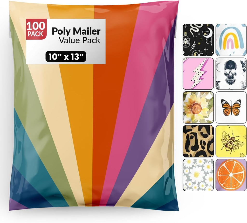 10x13 Poly Mailers, Retro Rainbow Shipping Bags, 100 Pack