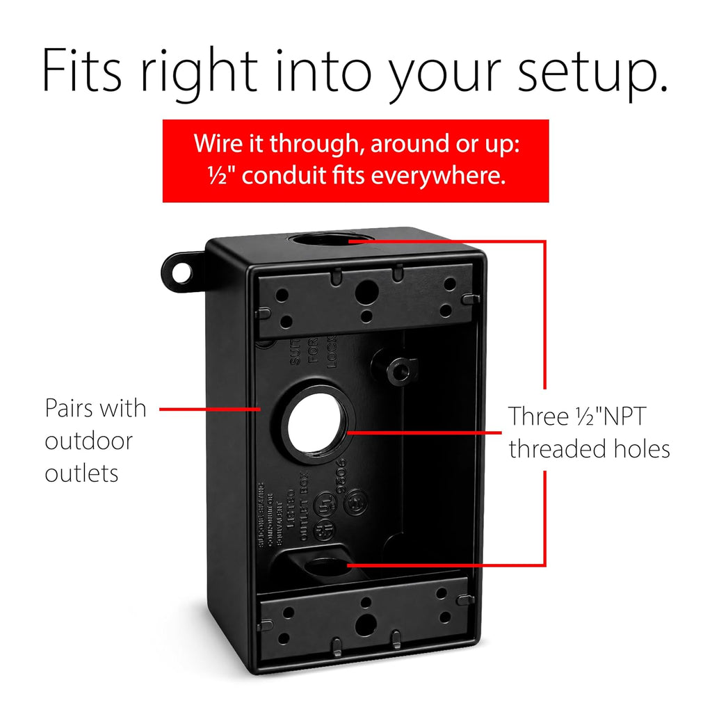 RAB Lighting B3B Black Weatherproof Outdoor Electrical Box, Die-Cast 1/2in