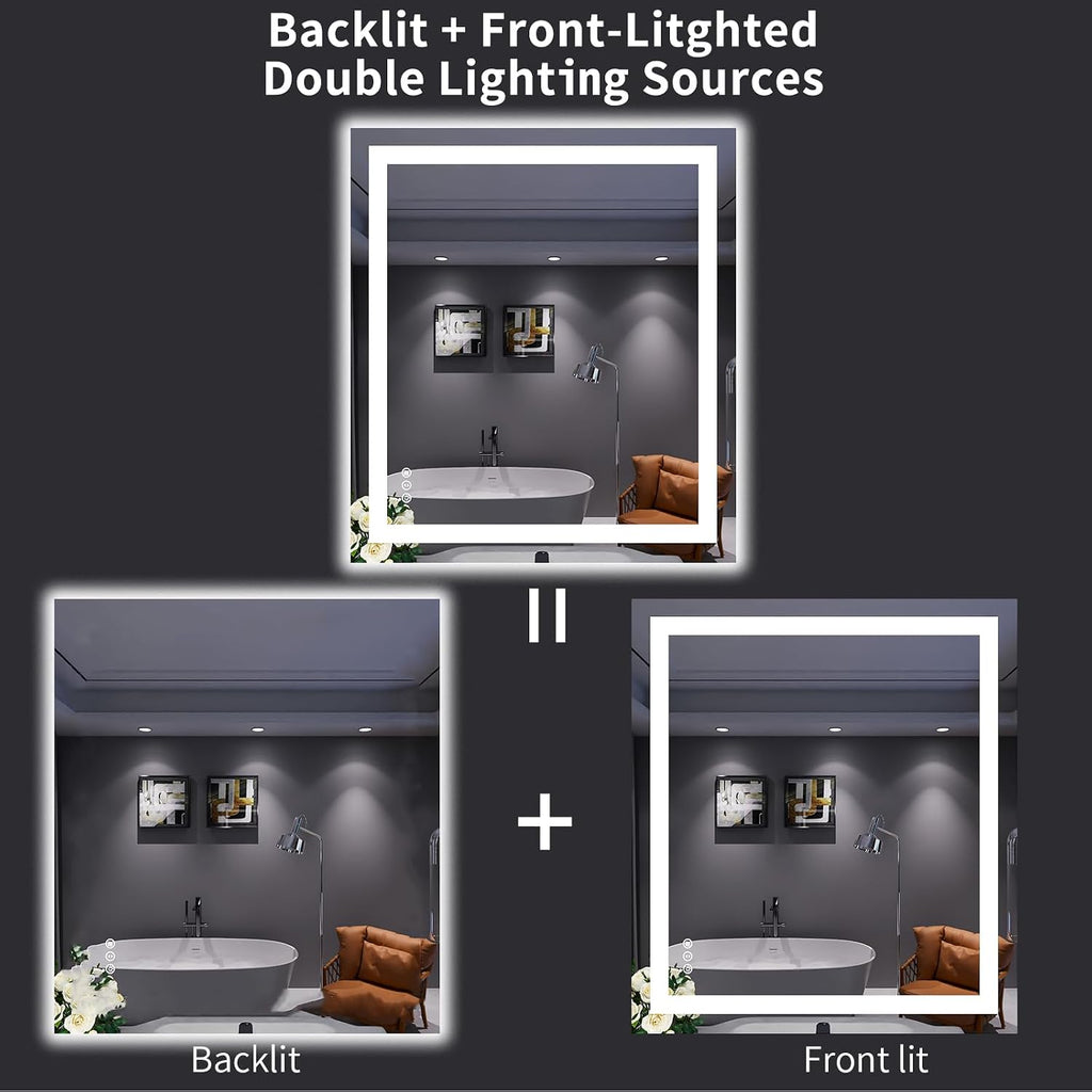 32"X36" LED Bathroom Mirror with Lights | Anti-Fog, Dimmable, 3 Color Temperature, Backlit + Front Lit, Memory
