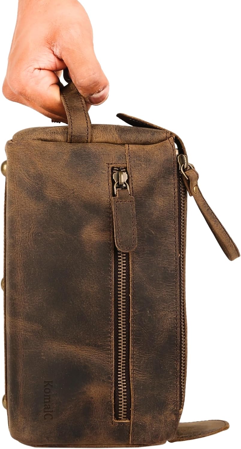 Premium Buffalo Leather Toiletry Bag for Men & Women With Water resistant Lining, Grooming Travel Pouch, Unisex Wash