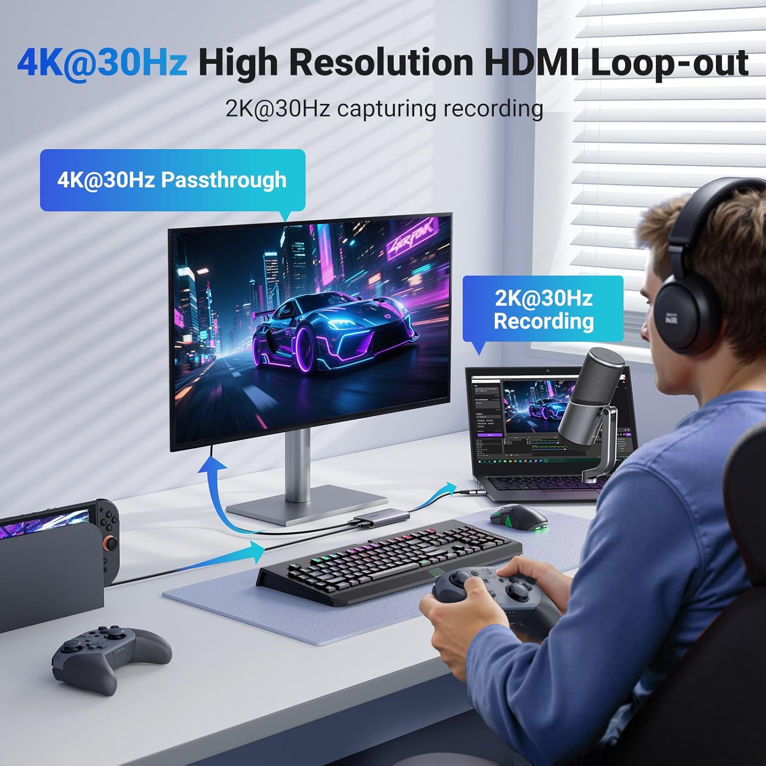 4K@30Hz Loop Out HDMI Capture Card for 2K 30FPS 1080P 60FPS USB 3.0 | 2K@30Hz Record for Video Capture Card for