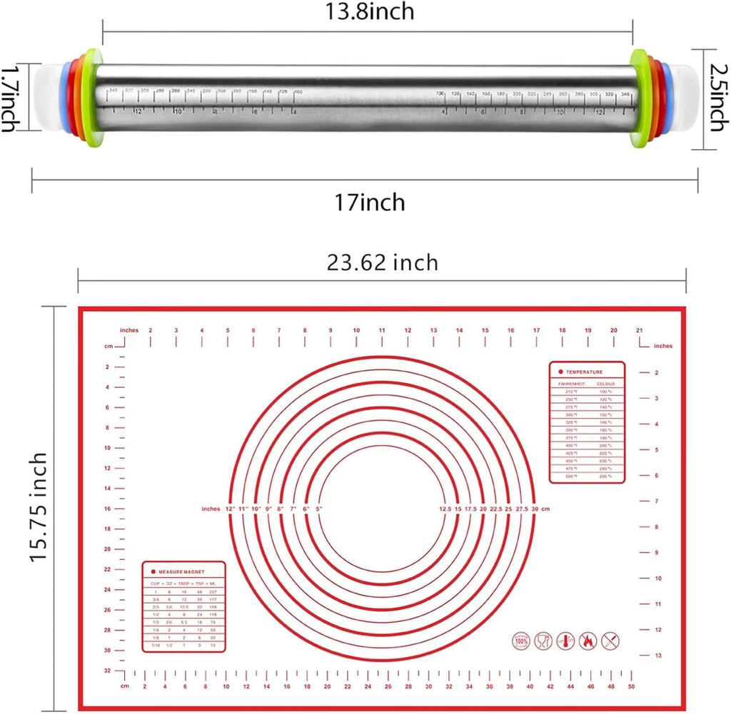 Stainless Steel Rolling Pin and Silicone Mat Set, Adjustable Thickness Rings