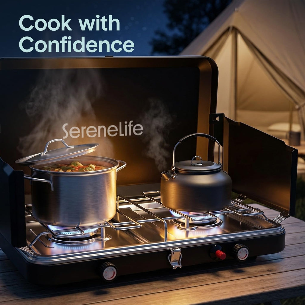 Camping Stove 2 Burner Propane Portable Camp Stove 24,400 BTU with Wind Guards Adjustable Burners Push Button