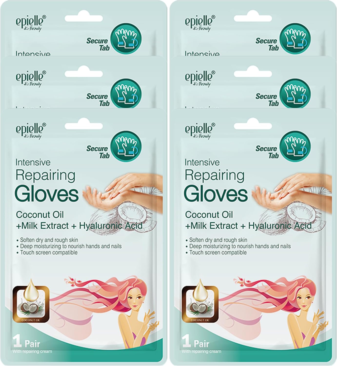 Intensive Repairing Hand Mask 6 Pairs, Soften with Coconut Oil & Milk Extract, Deep Moisturizing Gloves for Dry