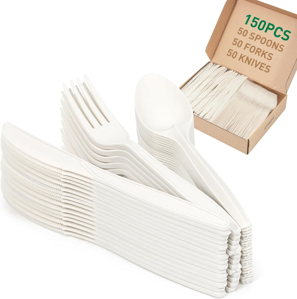 100% Compostable Cutlery Set, 150pcs (50 Forks,50 Spoons,50 Knives)