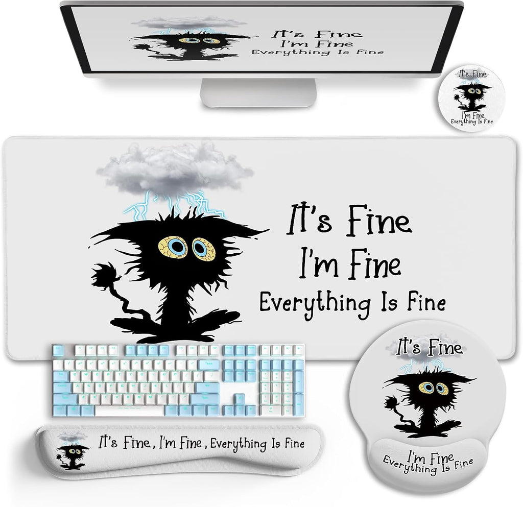 Large Gaming Mouse Pad Desk Mat Set, Funny Black Cat Desk Decor | Ergonomic Gel Wrist Rest, Computer Keyboard Mat