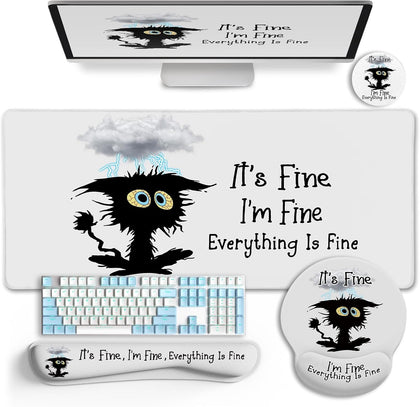Large Gaming Mouse Pad Desk Mat Set, Funny Black Cat Desk Decor | Ergonomic Gel Wrist Rest, Computer Keyboard Mat
