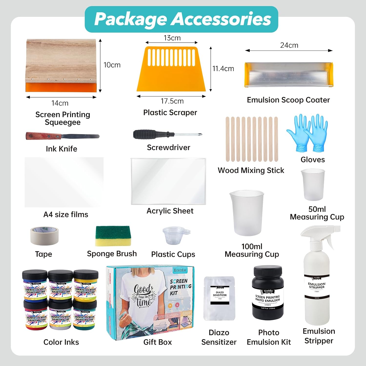 Screen Printing Kit 63pcs All-in-One Set with 50W LED UV Light, 3 Size Wood Screen Printing Frames, 6 Colors Screen