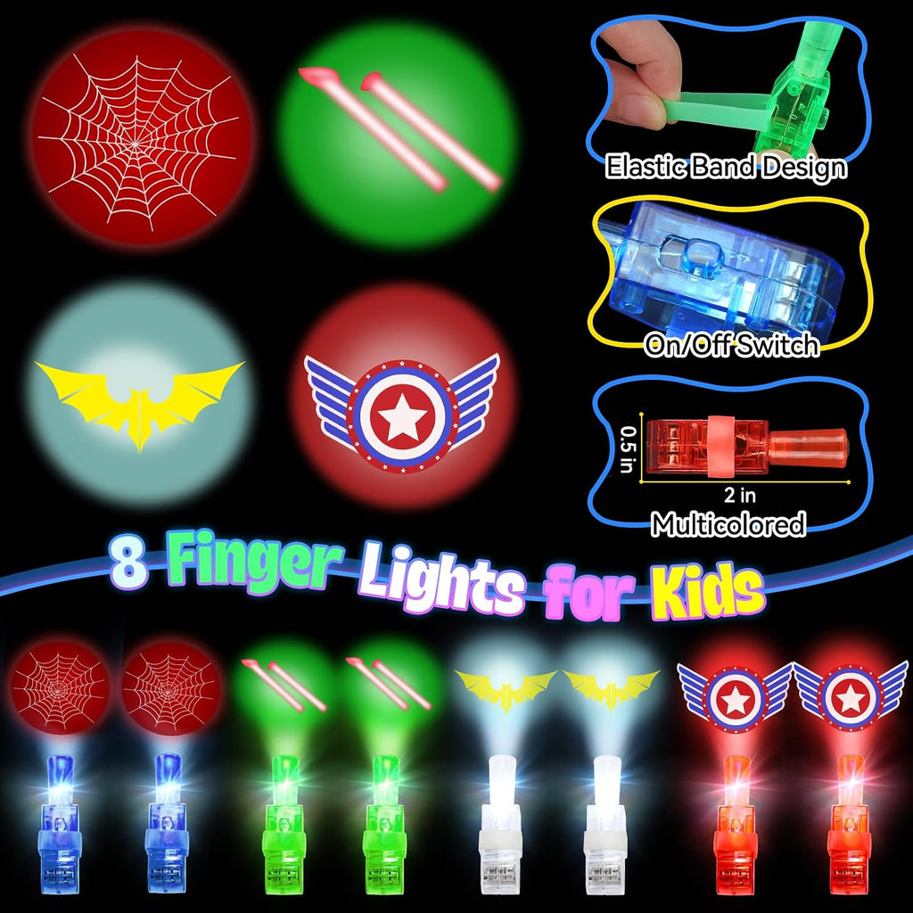 Superhero Capes with Finger Lights, Masks Dress Up for Kids 3-12 | 4 Capes, 4 Masks, 8 Lights for Halloween Costumes