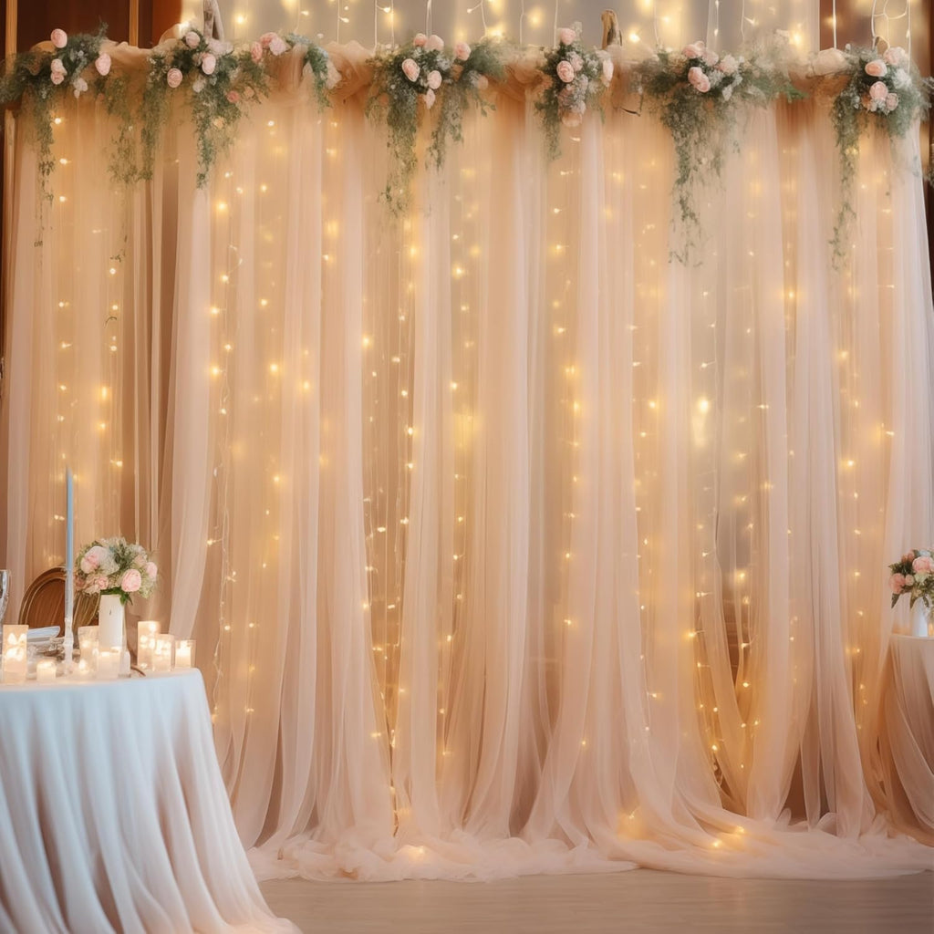 10ft x 10ft Champagne Backdrop Curtain with Lights String for Parties, Sheer Wedding Photo Backdrops Drapes for Baby
