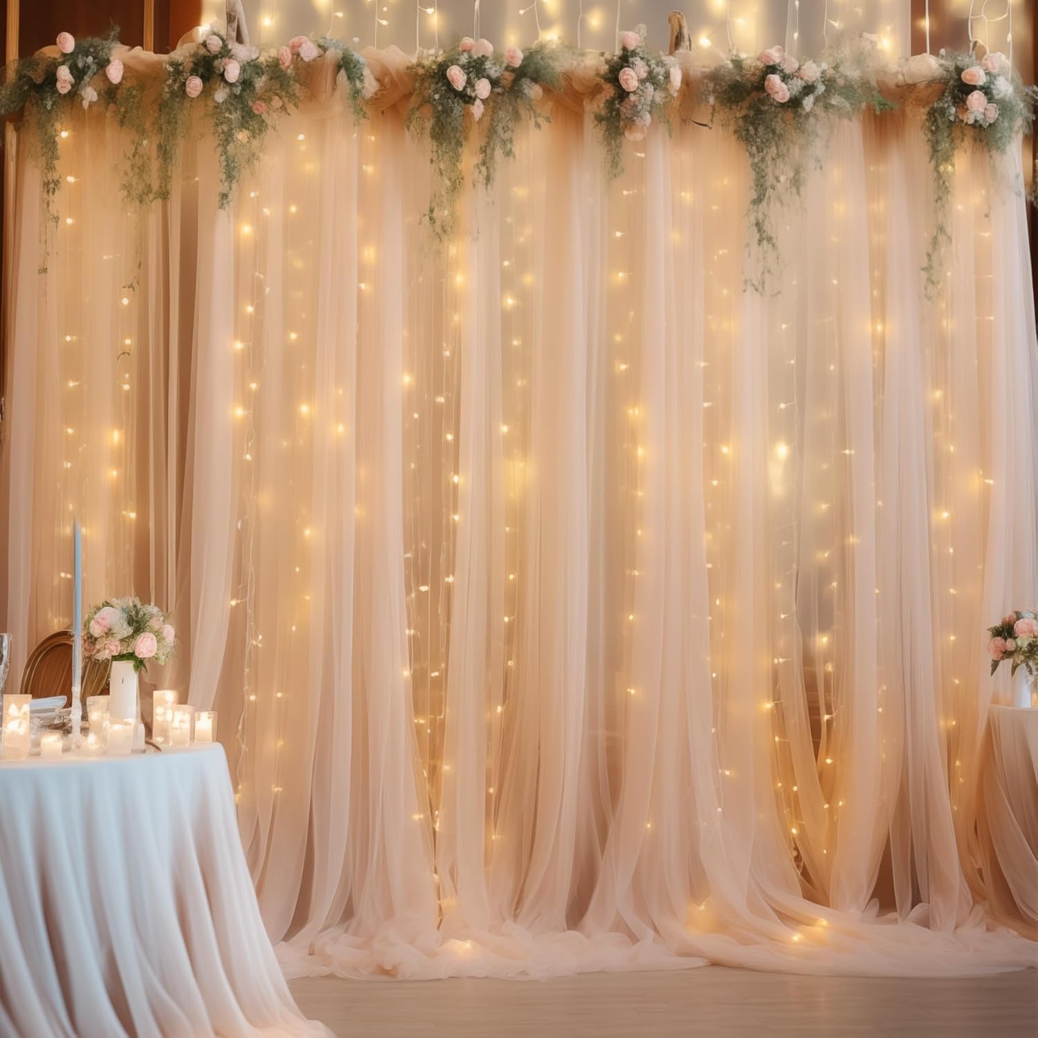 10ft x 10ft Champagne Backdrop Curtain with Lights String for Parties, Sheer Wedding Photo Backdrops Drapes for Baby