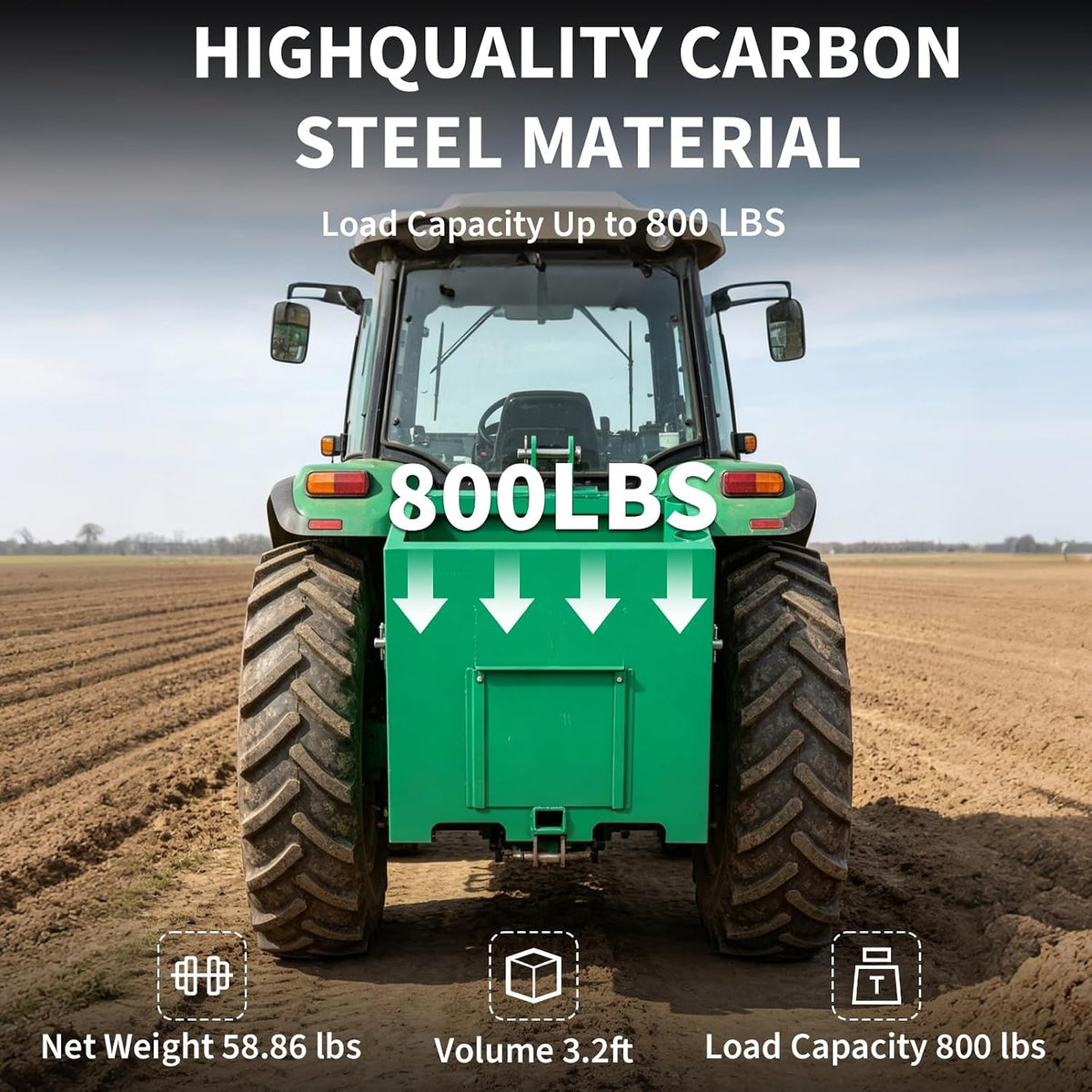 Tractor Ballast Box with 800 Lbs Load Capacity, Category 1 Three Point Hitch, 5 Cu.ft Heavy Duty Steel Rear