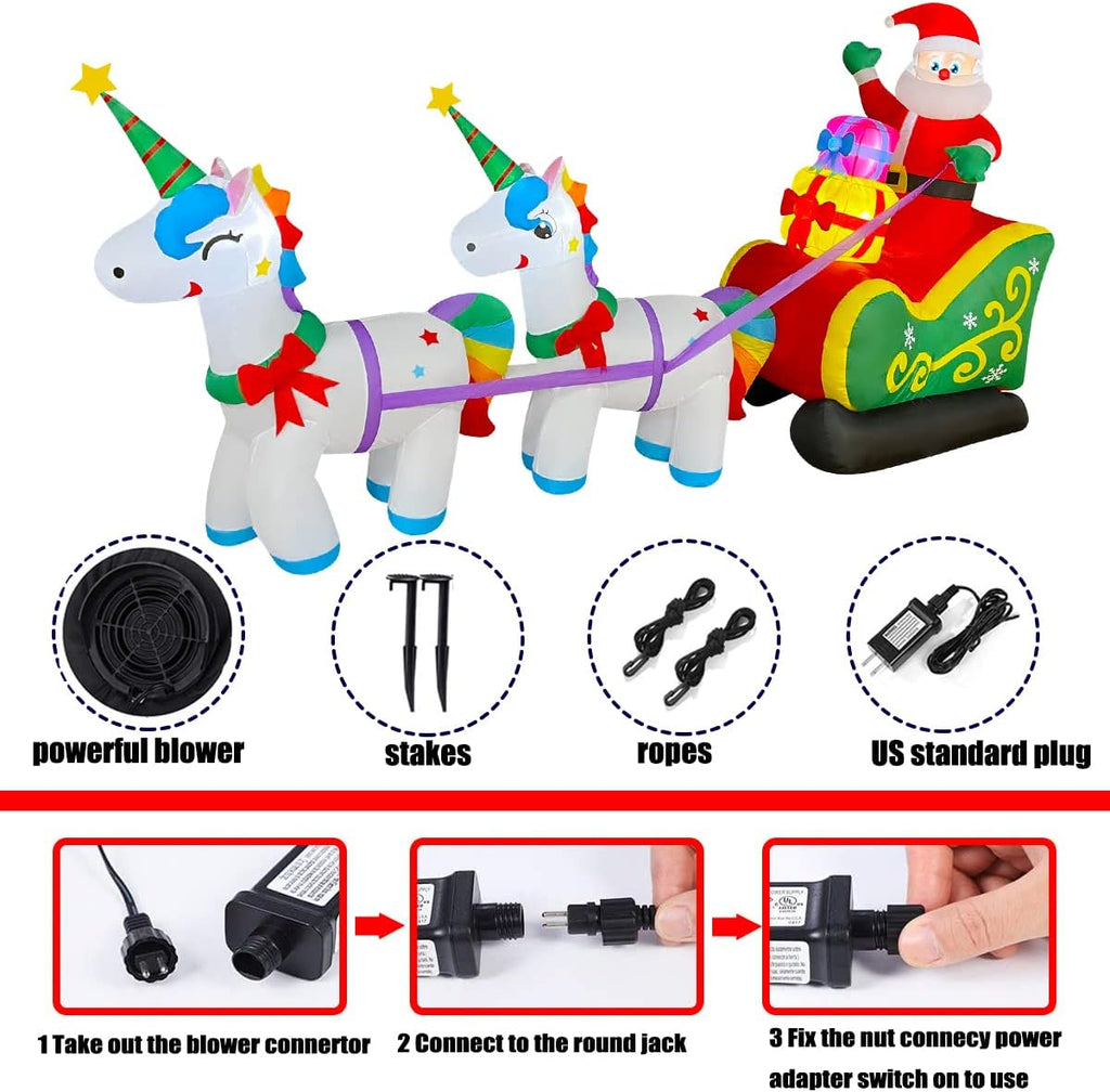 9 Ft Christmas Inflatable Santa Claus on Sleigh with 2 Unicorn Decoration LED Lighted Xmas Blow up for Yard Lawn