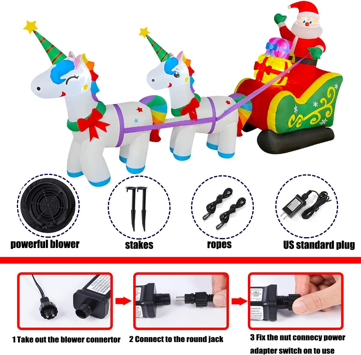 9 Ft Christmas Inflatable Santa Claus on Sleigh with 2 Unicorn Decoration LED Lighted Xmas Blow up for Yard Lawn