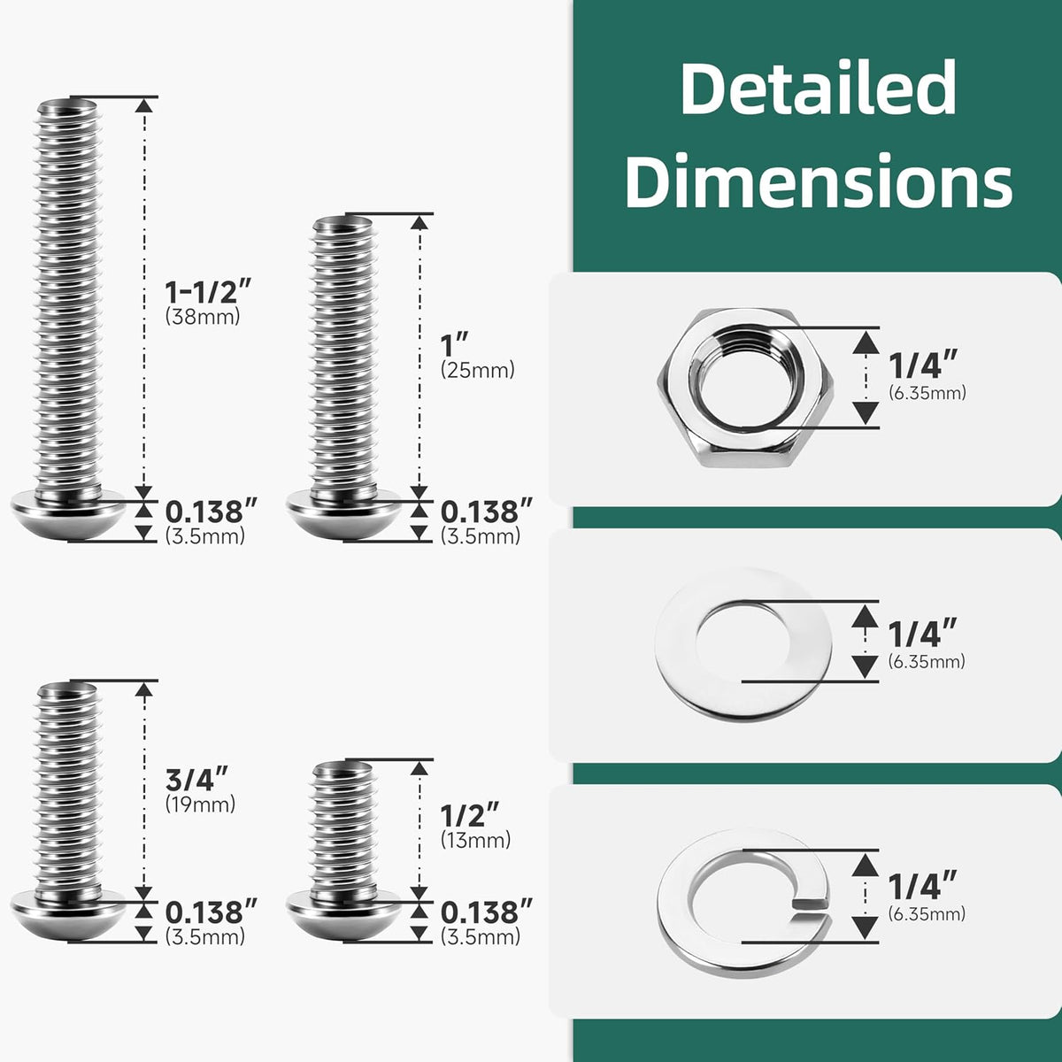 25Pcs 1/4-20" Button Head Socket Cap Bolts Screws Assortment Kit, 304 Stainless Steel 18-8, Bright Finish Fully Machine Thread with Hex Key