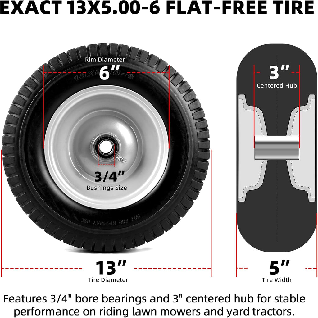 13x5.00-6 Flat-Free Tire and Wheel Assembly, Solid Lawn Mower Tire with 3/4" Bore Bearings & 3"-6.32" Centered Hub