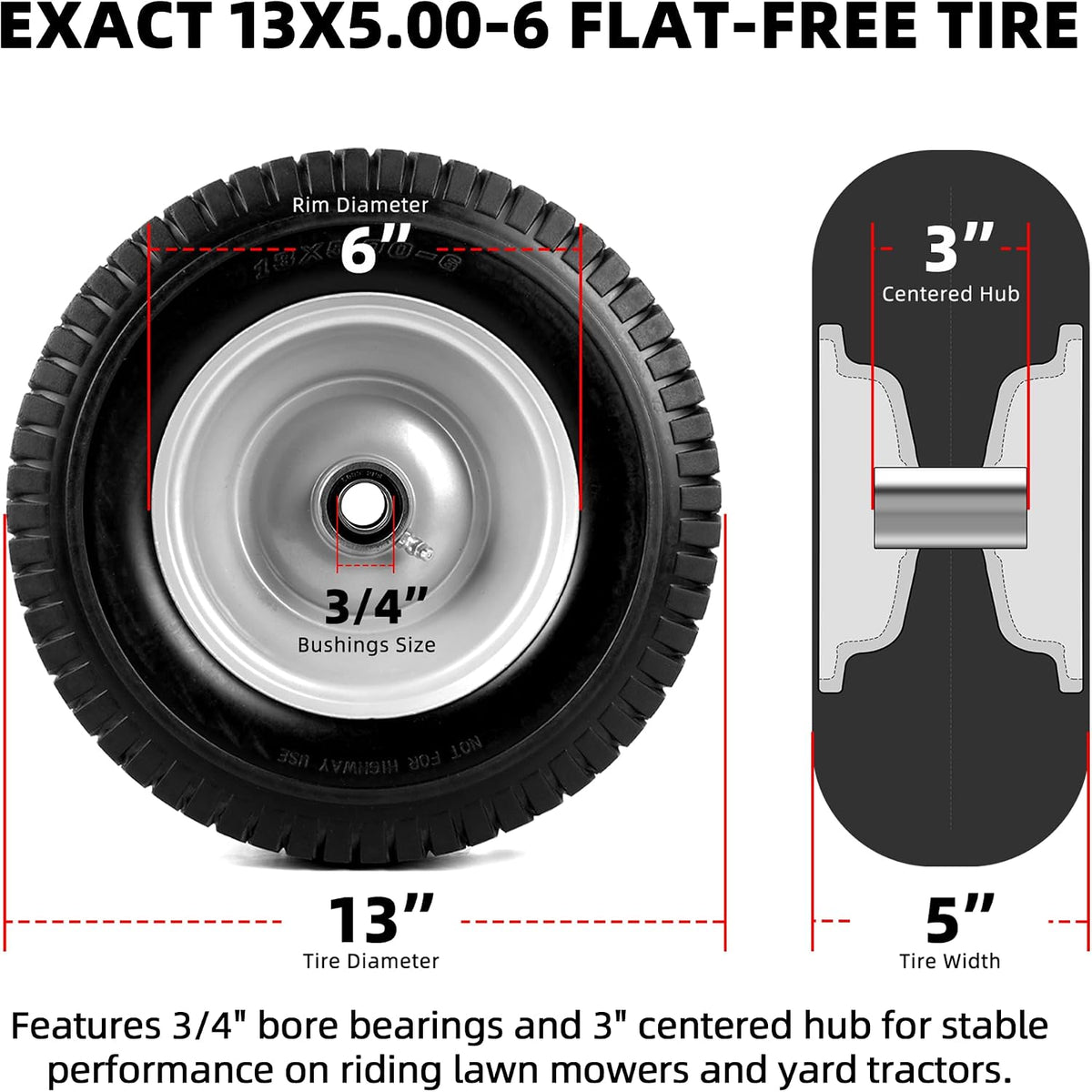 13x5.00-6 Flat-Free Tire and Wheel Assembly, Solid Lawn Mower Tire with 3/4" Bore Bearings & 3"-6.32" Centered Hub