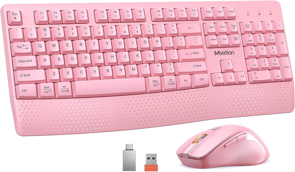 Wireless Keyboard and Mouse Combo, Full-Size with Wrist Rest, Pink | 2.4GHz USB receiver, 3 adjustable DPI mouse