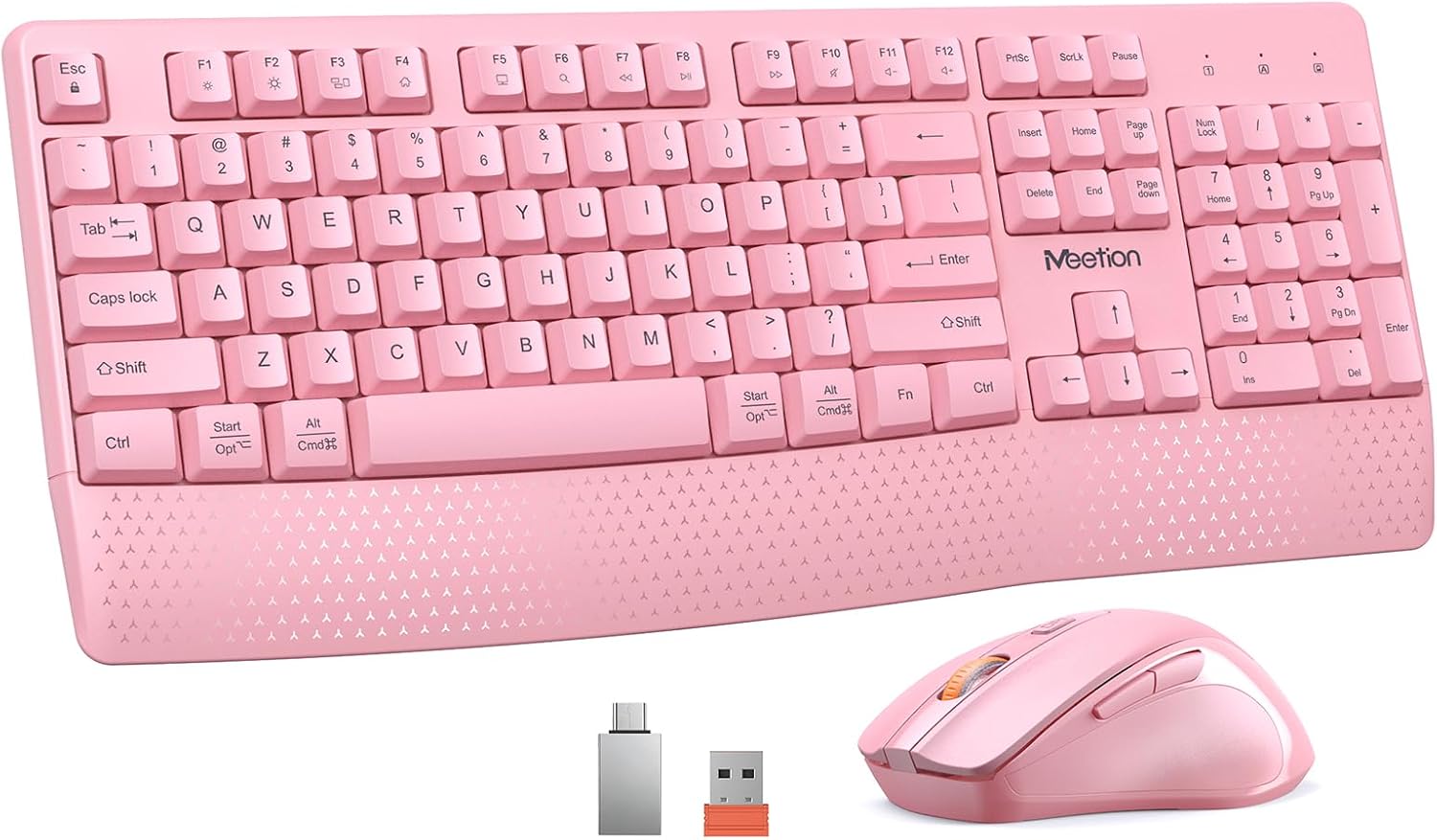 Wireless Keyboard and Mouse Combo, Full-Size with Wrist Rest, Pink | 2.4GHz USB receiver, 3 adjustable DPI mouse
