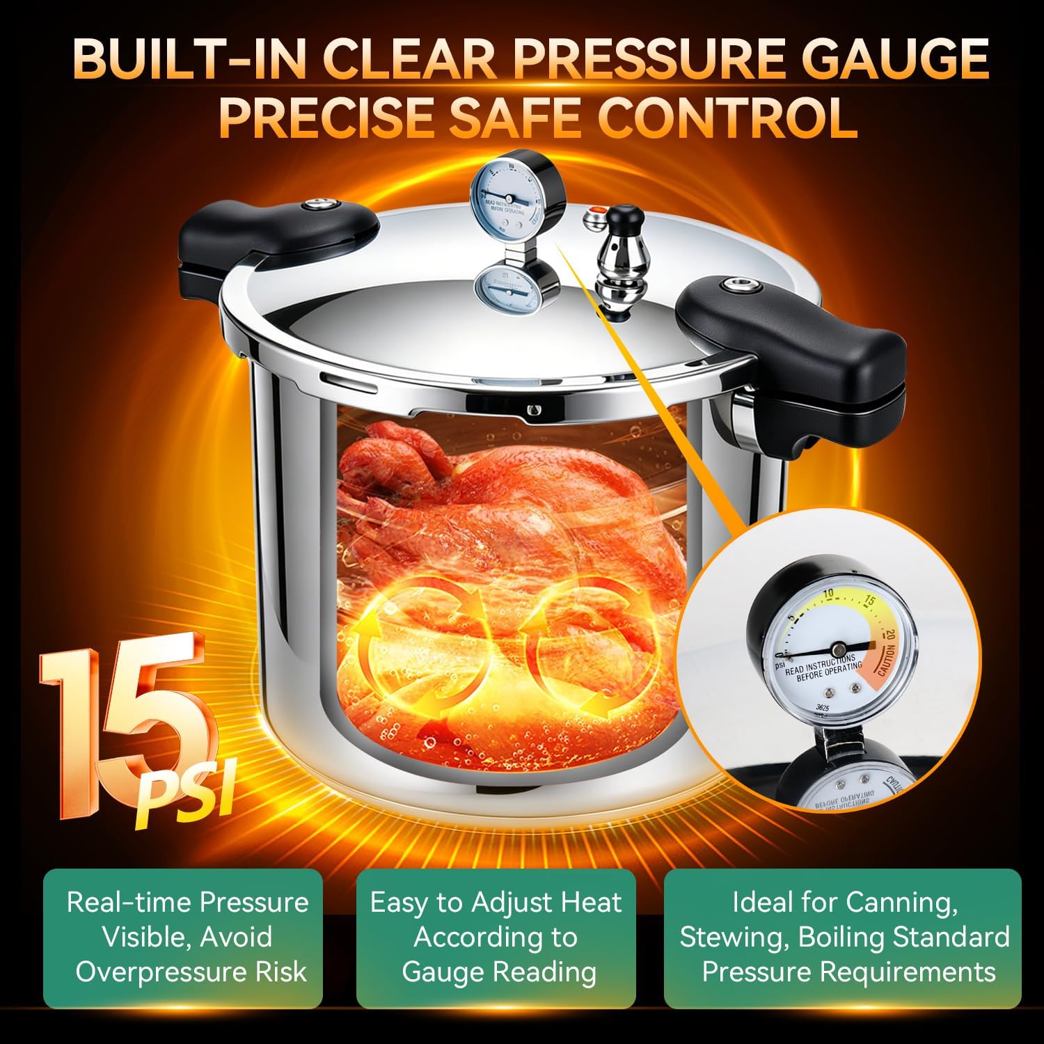 23-24QT Aluminum Pressure Cooker with Pressure Gauge, Heavy-Duty Large Capacity Pressure Canner for Restaurant
