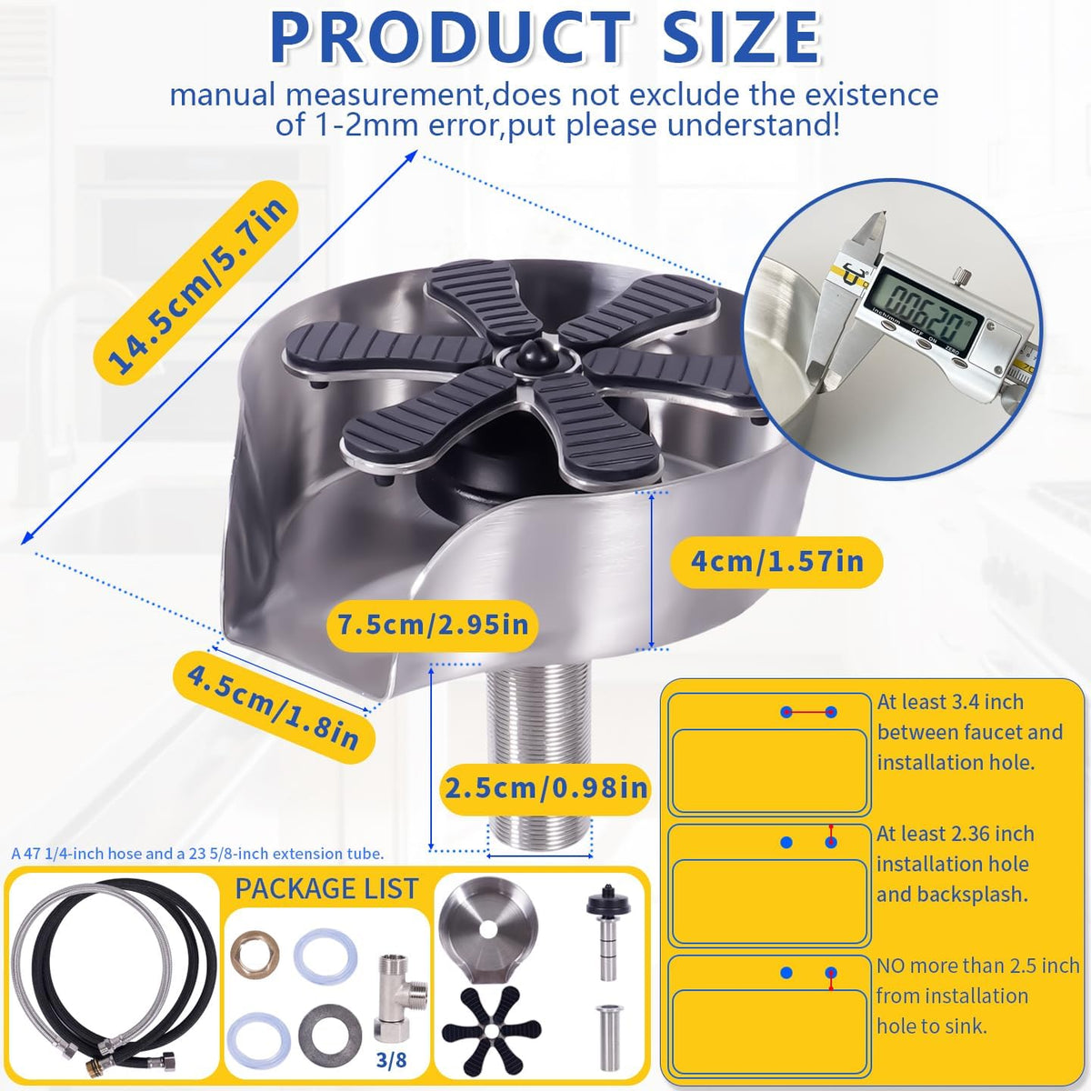 304 Stainless Steel Glass Rinser, 360° Rotating Sink Attachment with 180cm Hose & Pull-Out Spray Gun, Deck Mount Cup