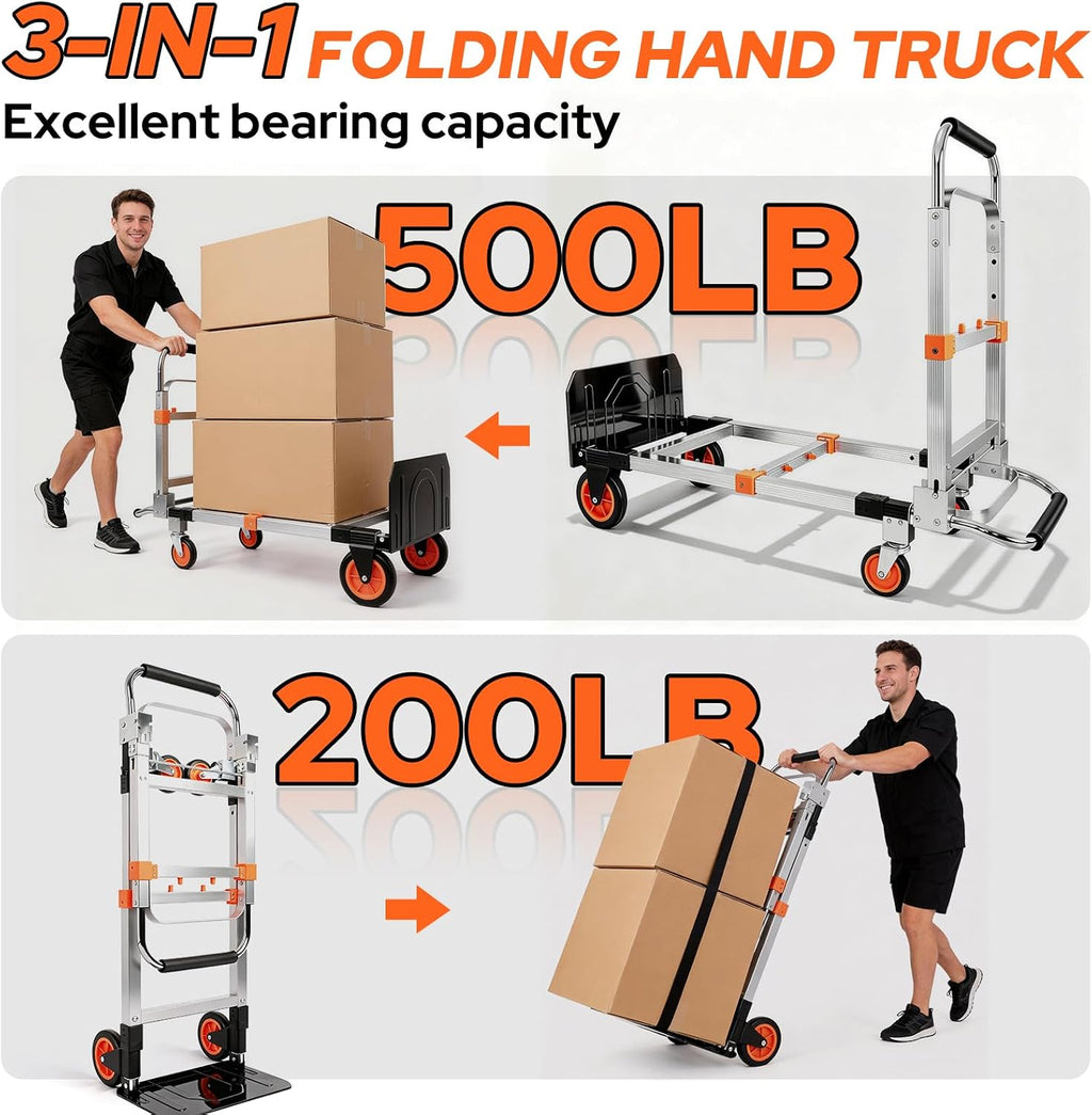 Folding Hand Truck Dolly Cart with Wheels, 500lb Load,Silver Orange