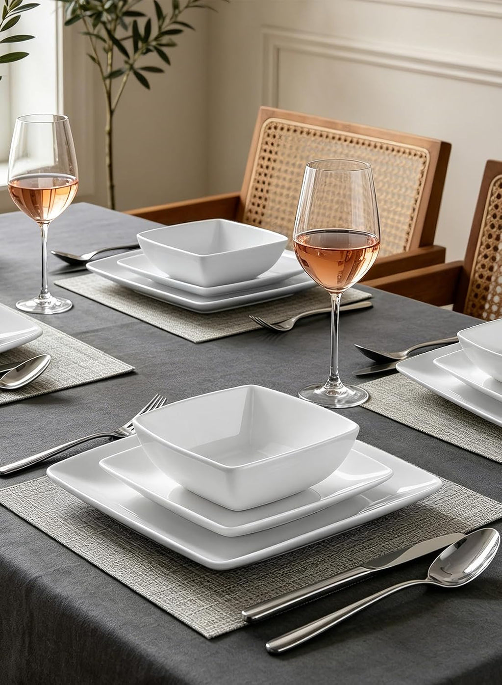 Porcelain Square Dinner Plates, 10.75 & 8.4 Inch White Plate Set of 8