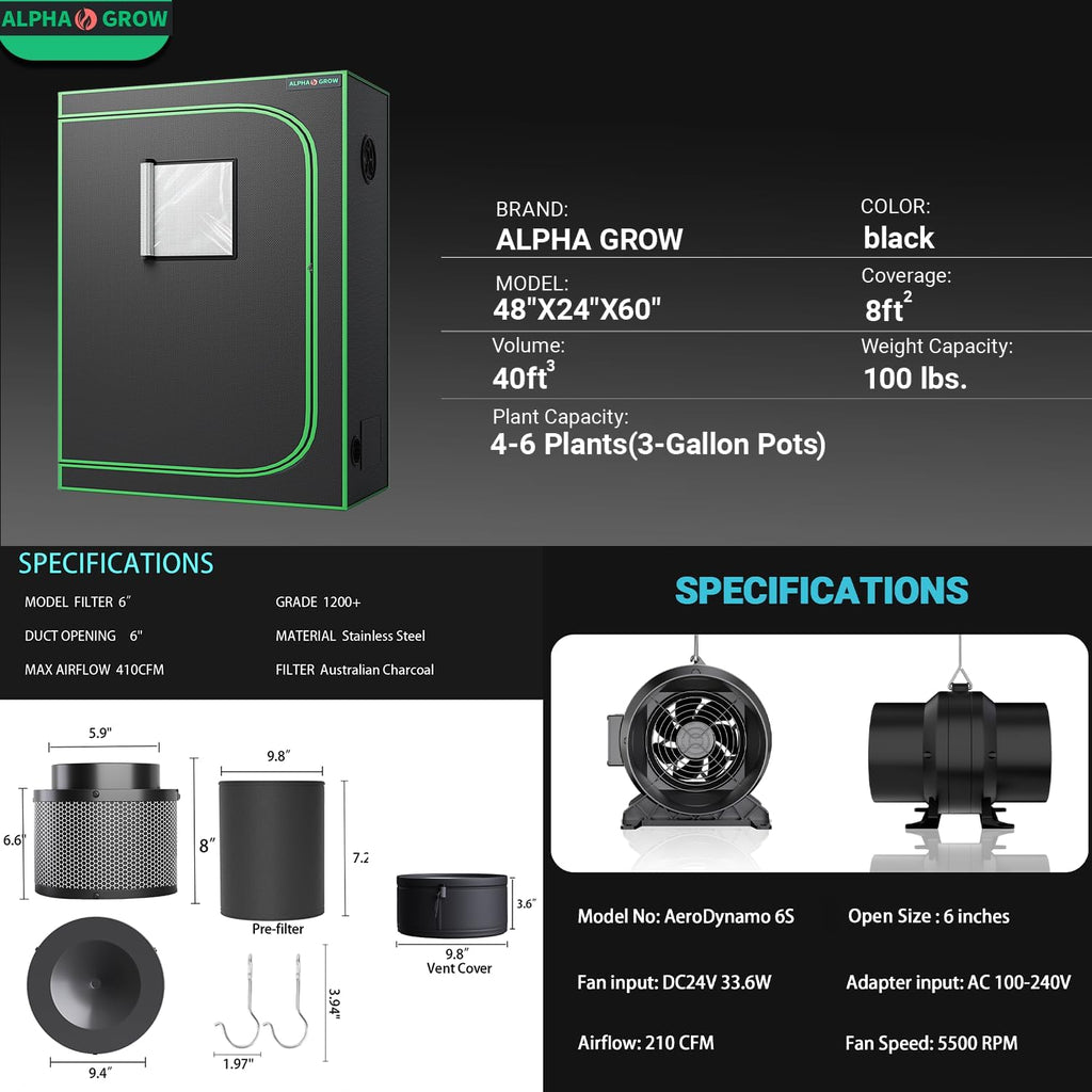 2x4 Grow Tent Kit with 6 Inch Fan and Carbon Filter, 48"x24"x60" 1680D Mylar Indoor Grow Tent Ventilation System with