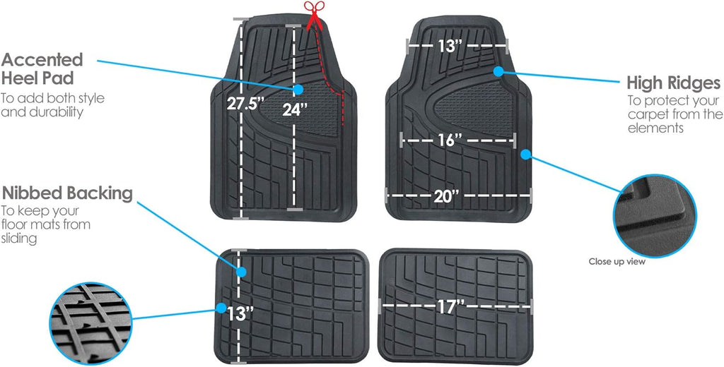 Automotive Floor Mats - Heavy-Duty Rubber Floor Mats for Cars, Universal Fit Full Set, Climaproof & Trimmable Floor