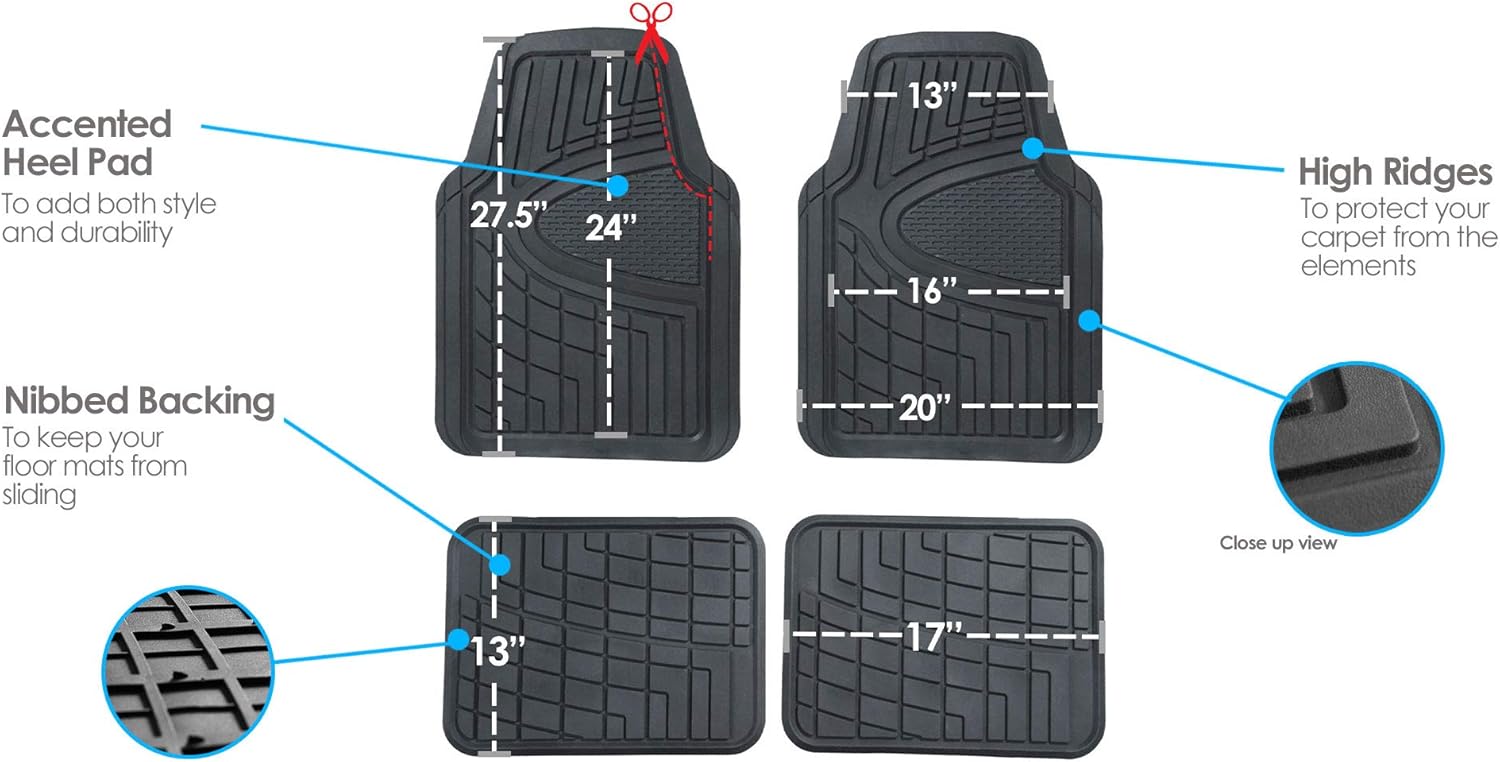 Automotive Floor Mats - Heavy-Duty Rubber Floor Mats for Cars, Universal Fit Full Set, Climaproof & Trimmable Floor