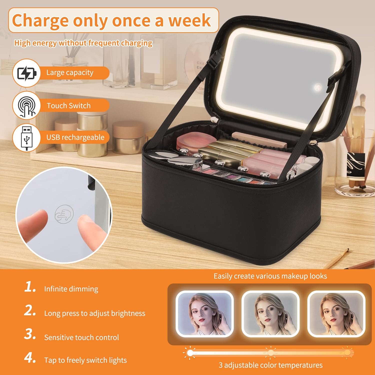 Makeup Bag With LED Mirror, Travel Makeup Bag With 3 Color Setting Light Up Mirror Cosmetic Makeup Organizer Vanity