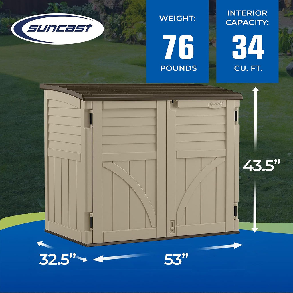Horizontal Shed, Compact Outdoor Storage System, 34 Cu. Ft. Capacity, Sand & Slate - Lockable Multi-Wall Resin
