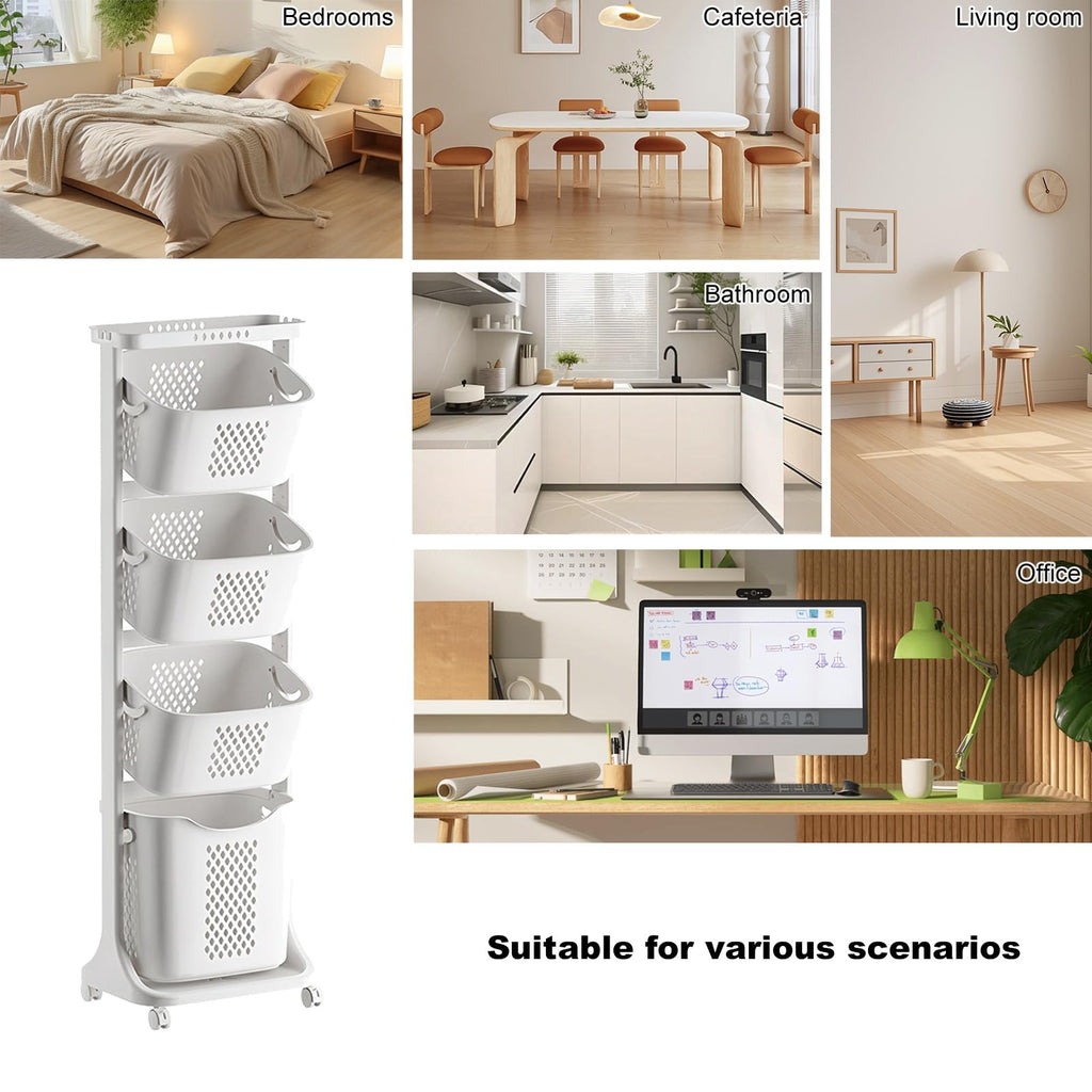 4-Tier Laundry Hamper Sorter with Rolling Baskets for Bathroom White