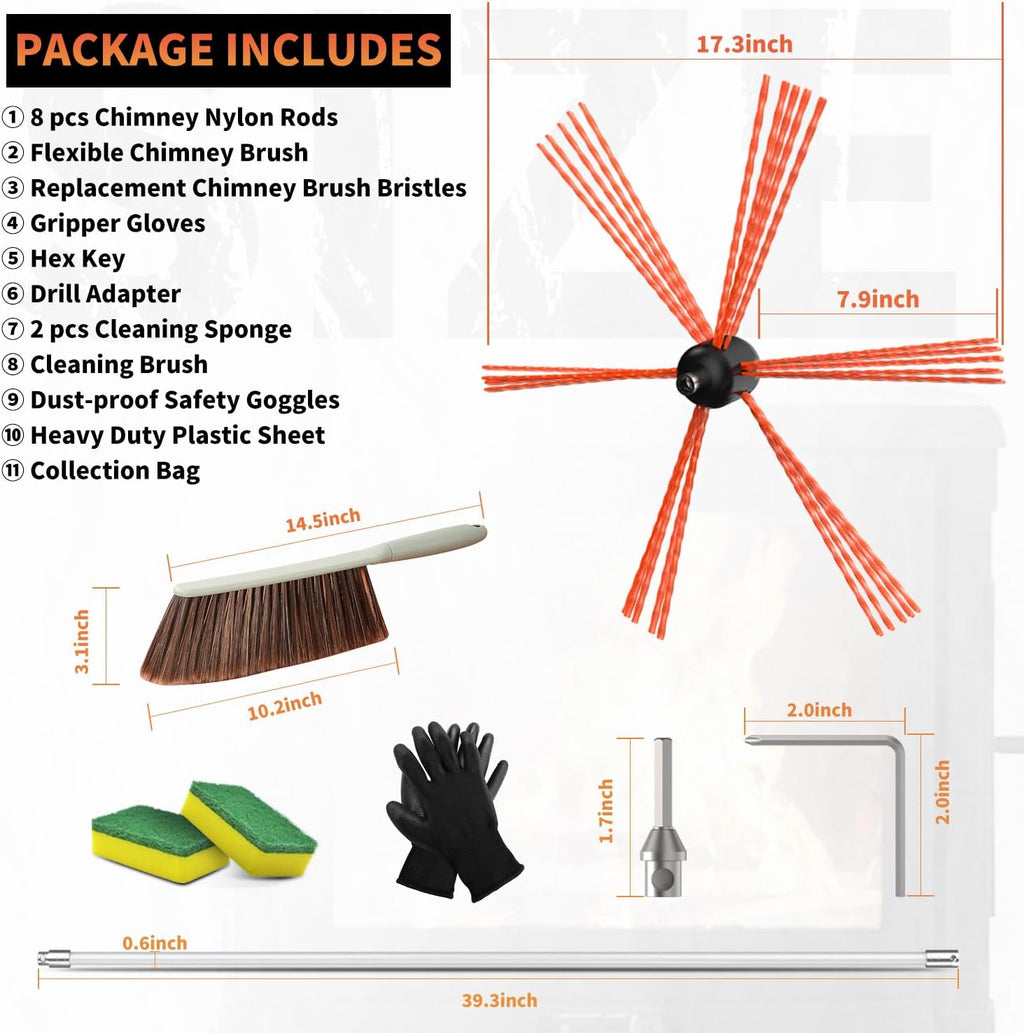 26FT Chimney Sweep Kit Rotary Cleaning Brush with 8 Flexible Rods