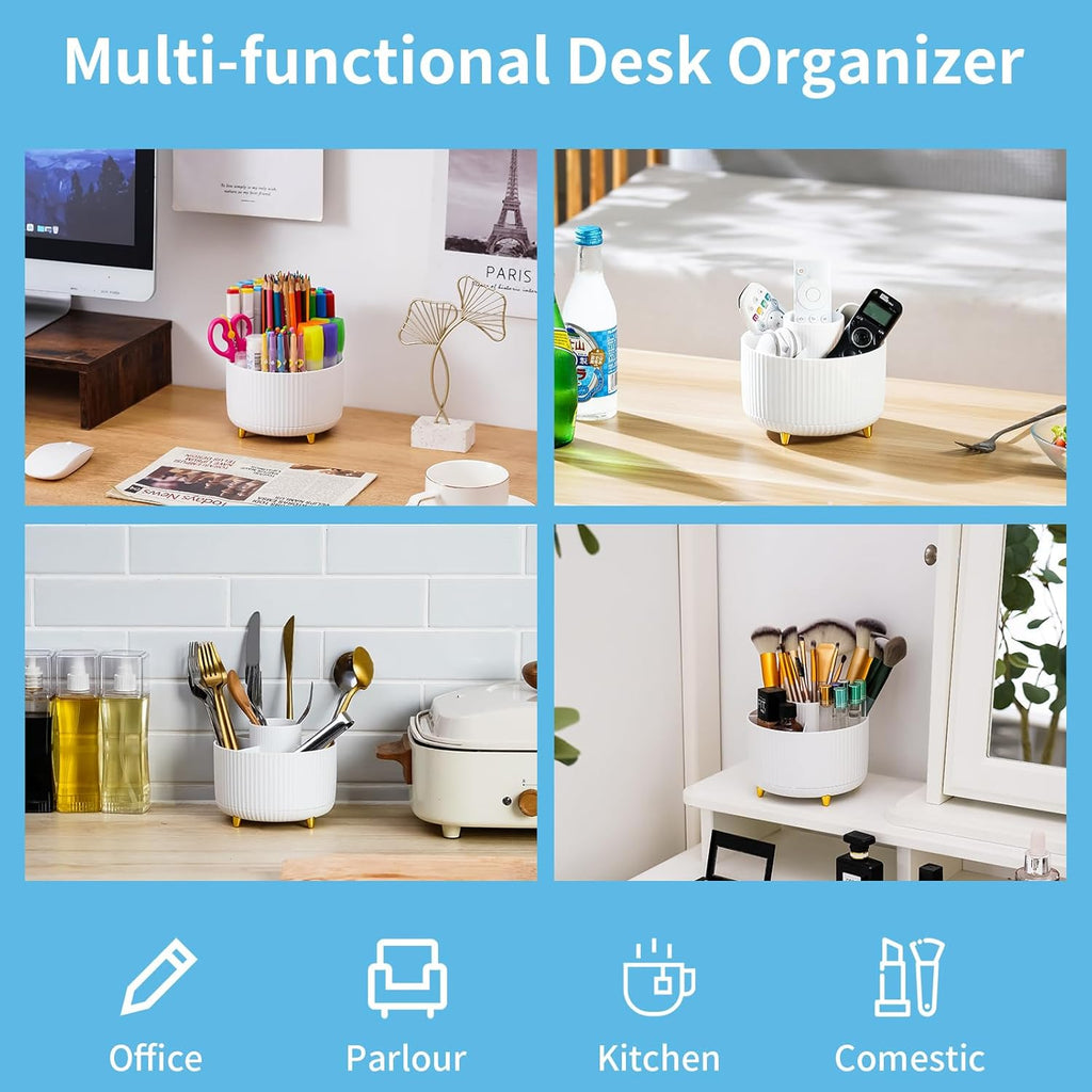 Desk Organizer, 360-Degree Rotating Pen Holder, Desk Organizers and Accessories with 5 Compartments Pencil Holder