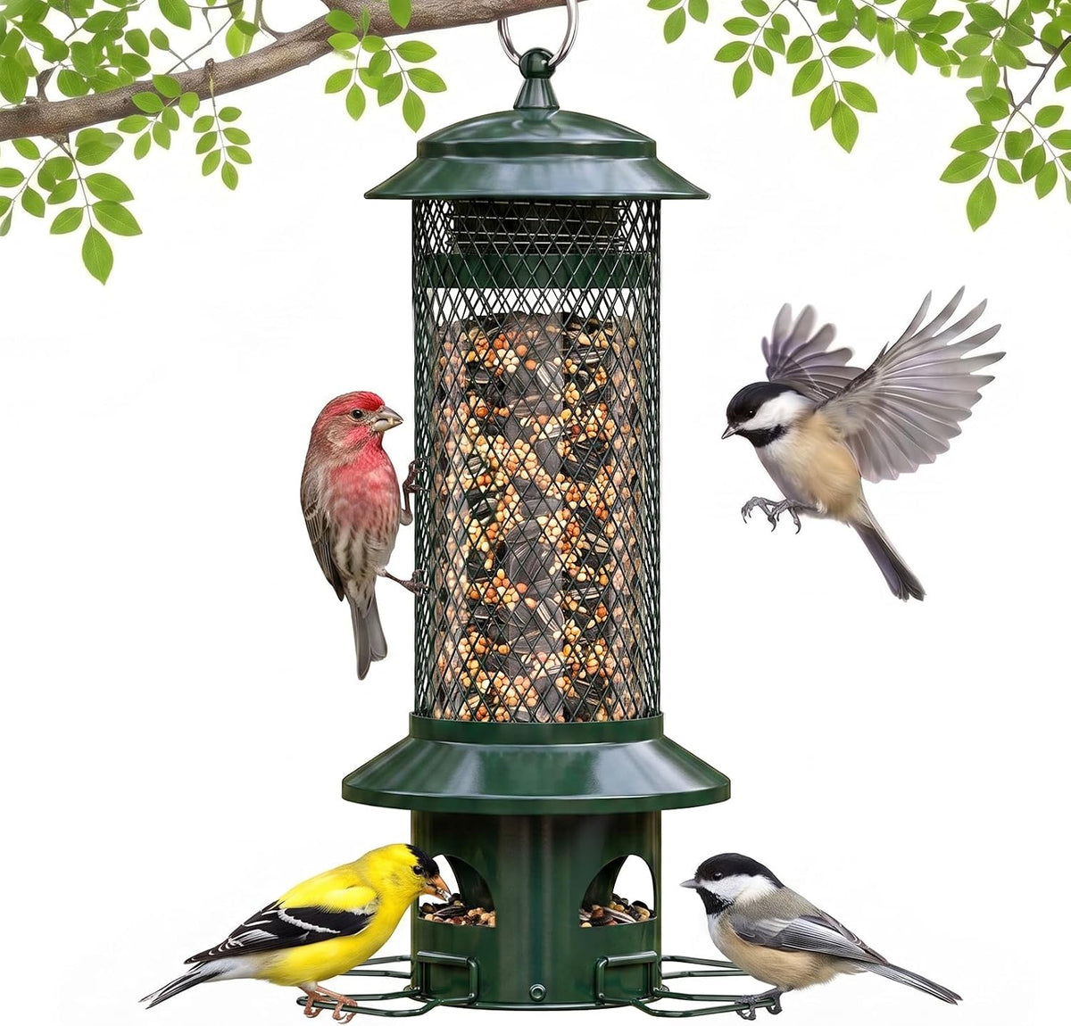 Squirrel Proof Bird Feeders for Outdoors - 4 Port Hanging Metal Bird Feeder with Gravity Spring, Upgraded Metal