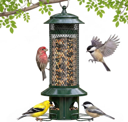Squirrel Proof Bird Feeders for Outdoors - 4 Port Hanging Metal Bird Feeder with Gravity Spring, Upgraded Metal