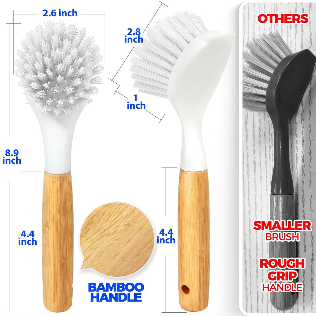 3 Pack Dish Brush with Bamboo Handle Cleaning Brush,White