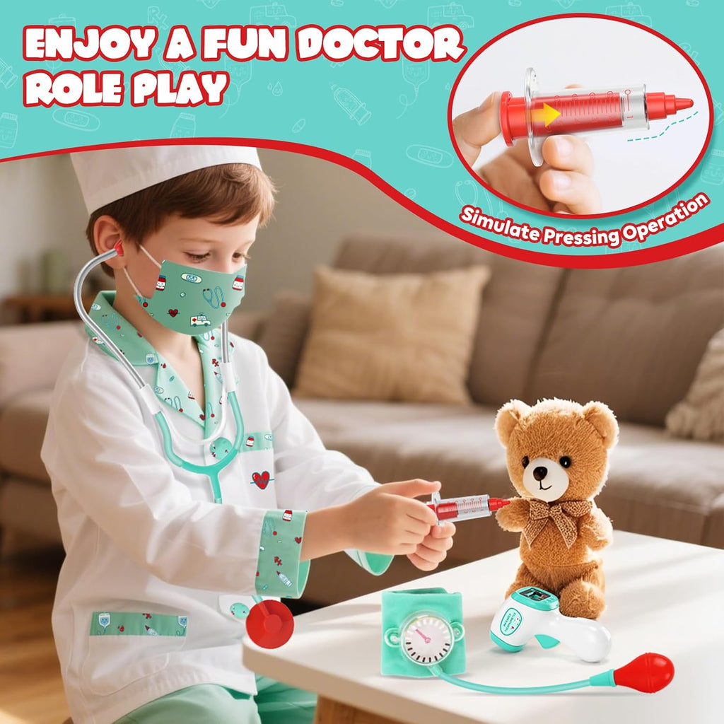 Doctor Costume for Kids, Doctor Dress Up and Play Set 8 PCS with Stethoscope, Role Play Costume for Toddlers 4-6