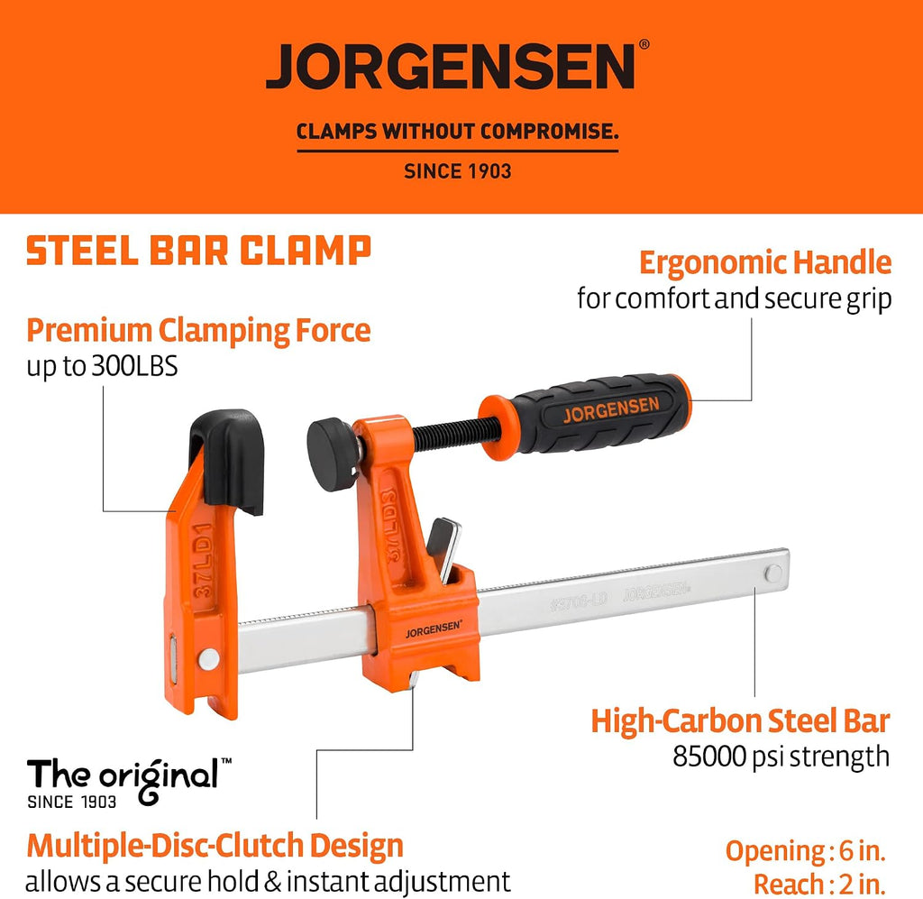 6" Light-Duty Steel Bar Clamp Set, 300 lbs Load Limit, 4-Pack | F Clamps for Woodworking, Metalworking and DIY Projects
