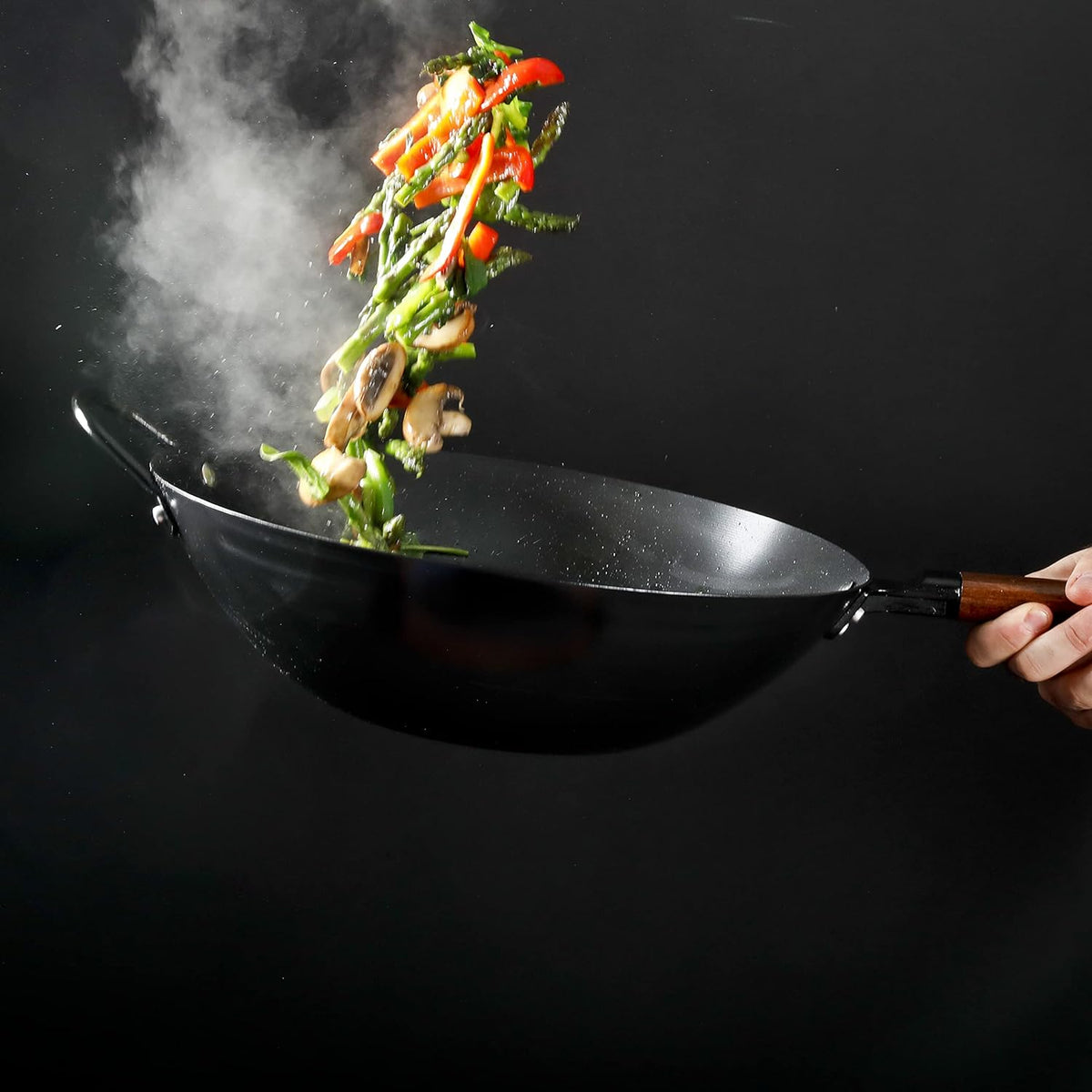 14 Inch Carbon Steel Wok Pan, Flat Bottom Stir Fry Pan, Induction