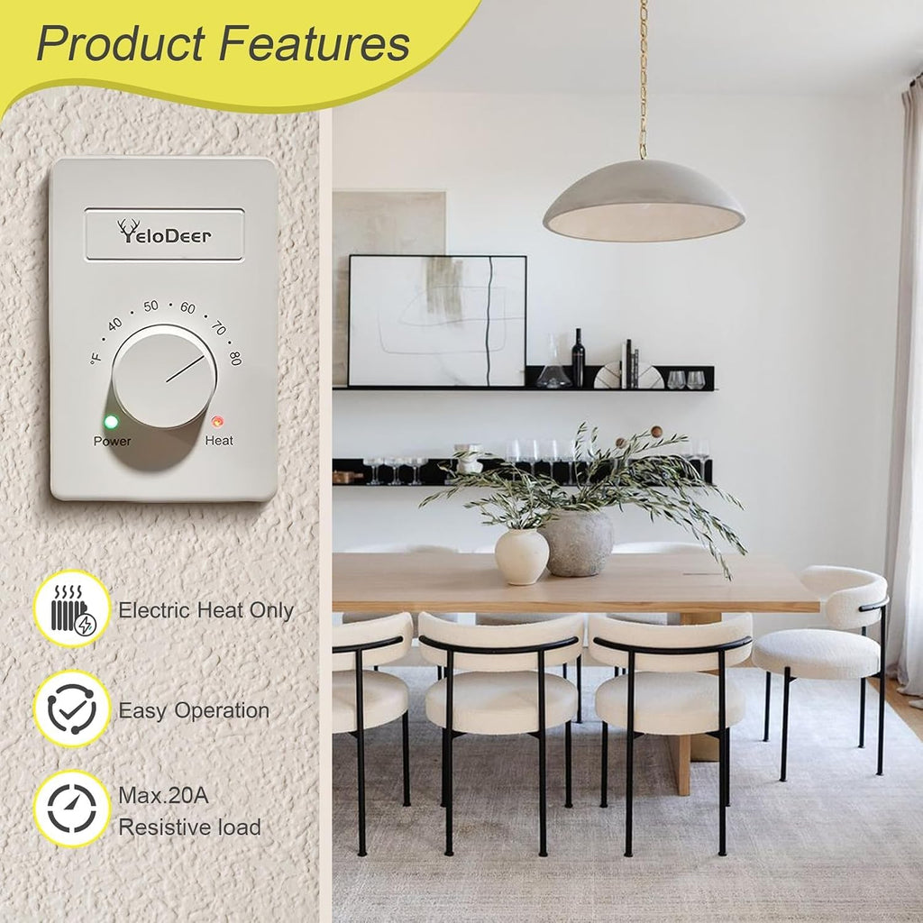 240V Only 4-Wire Manual Electric Baseboard Heater Thermostat | Line Voltage Controller, Single Pole Dial Wall Mount