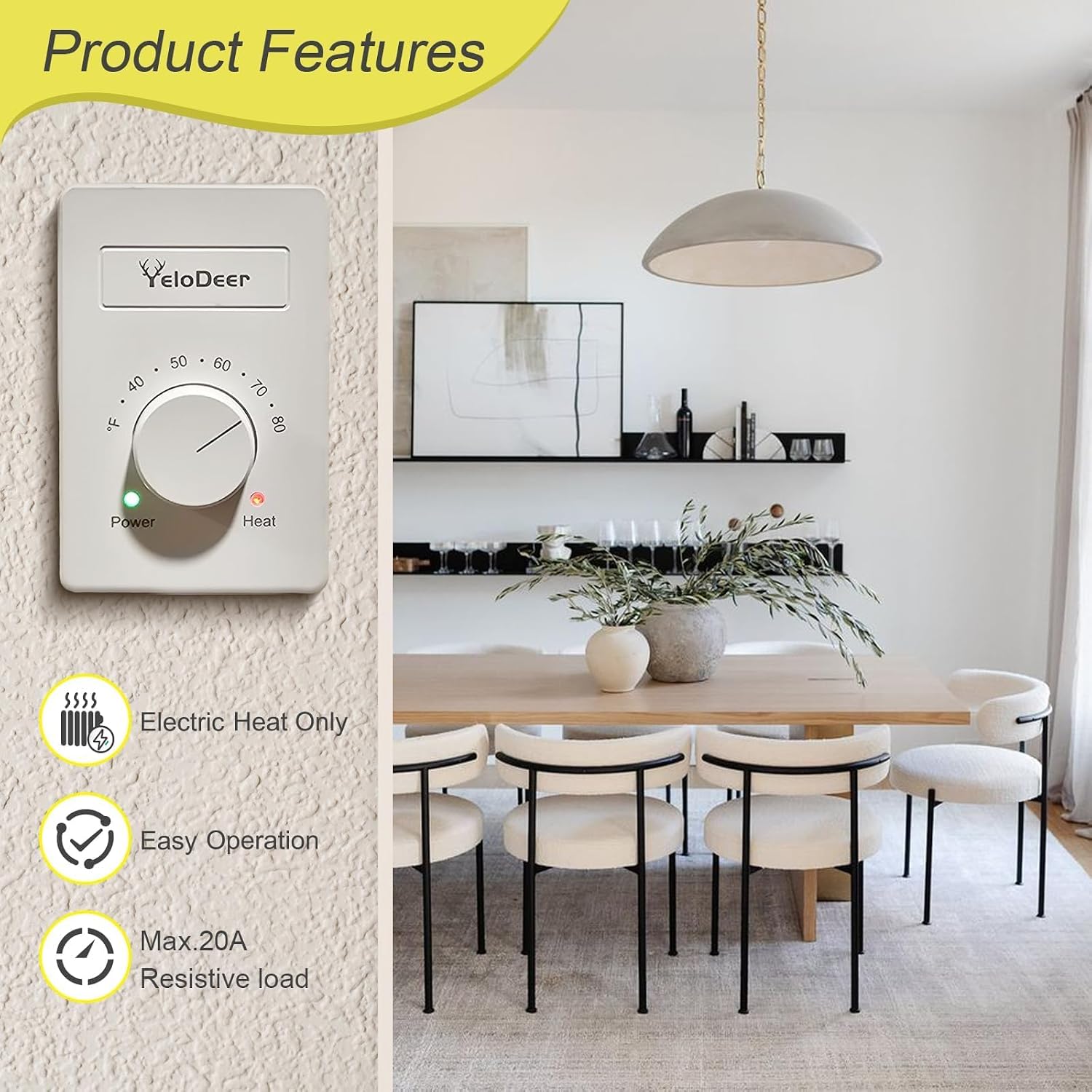 240V Only 4-Wire Manual Electric Baseboard Heater Thermostat | Line Voltage Controller, Single Pole Dial Wall Mount