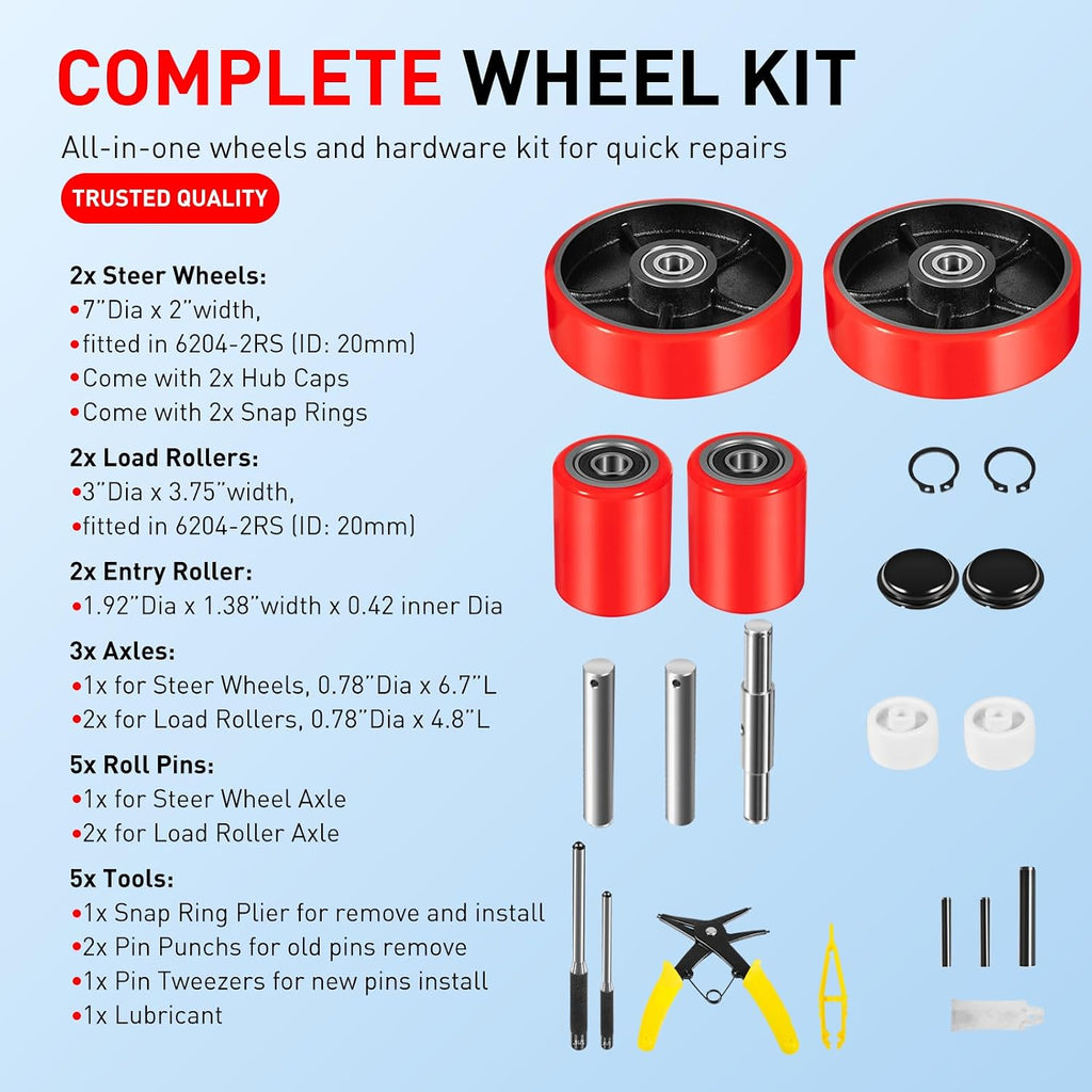 Pallet Jack Wheels Set for Most Manual Pallet Jacks, Full Set with Axles, Pair of Steering Wheels 7"x 2" and Load