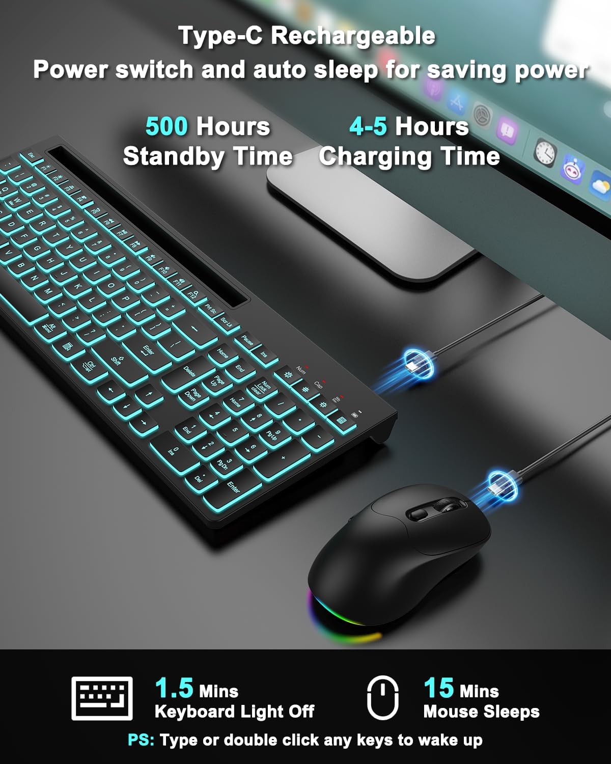 Wireless Keyboard and Mouse Combo, 7 Backlit Effects, Light Up Letters, Rechargeable, Phone Holder, 6 Button Mouse