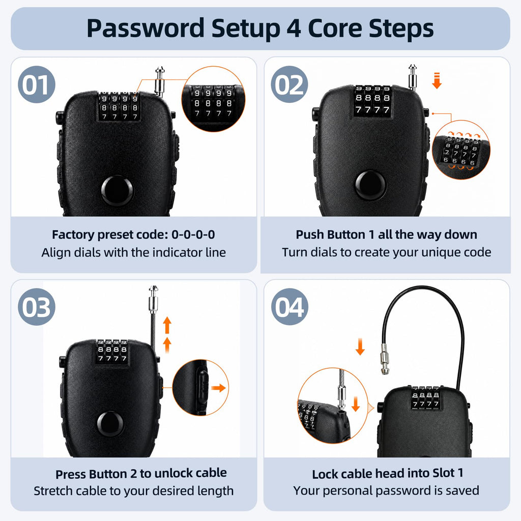 4 Digit Combination 27.5 Inch Retractable Cable Lock,Black 2Pcs