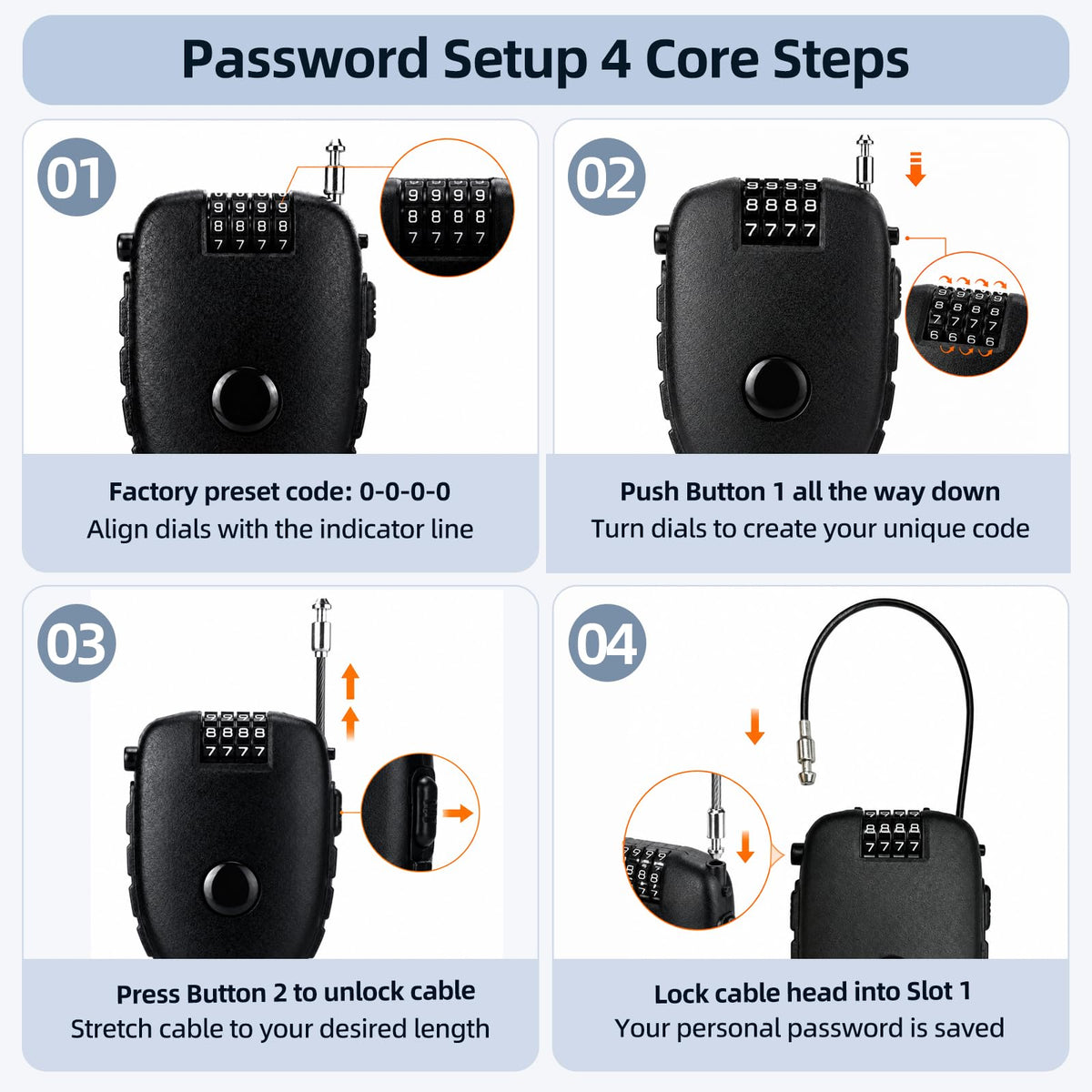 4 Digit Combination 27.5 Inch Retractable Cable Lock,Black 2Pcs