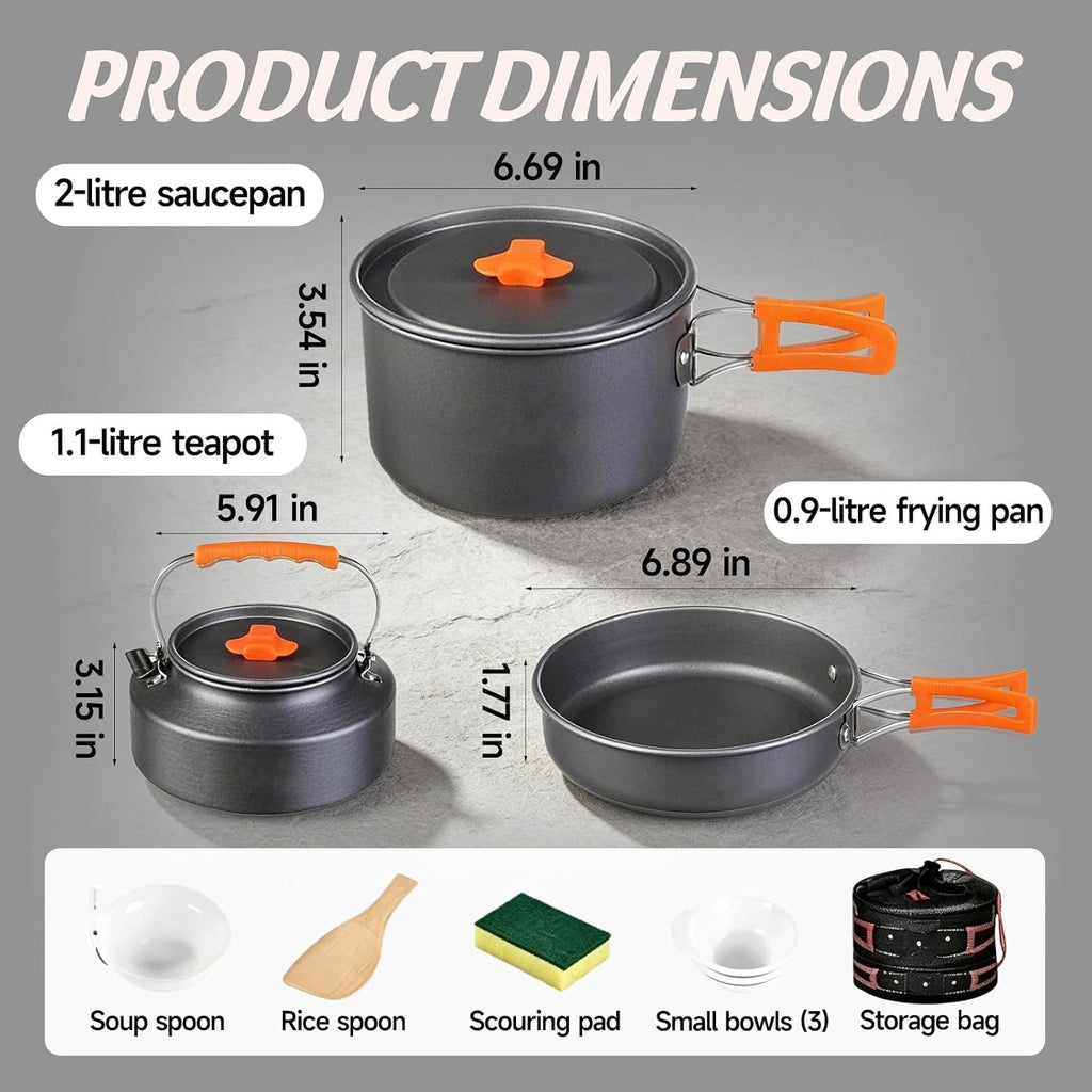 Camping Cookware, 10-Piece Non-Stick Foldable Mess Kit with Kettle | Crafted from durable anodized aluminum;