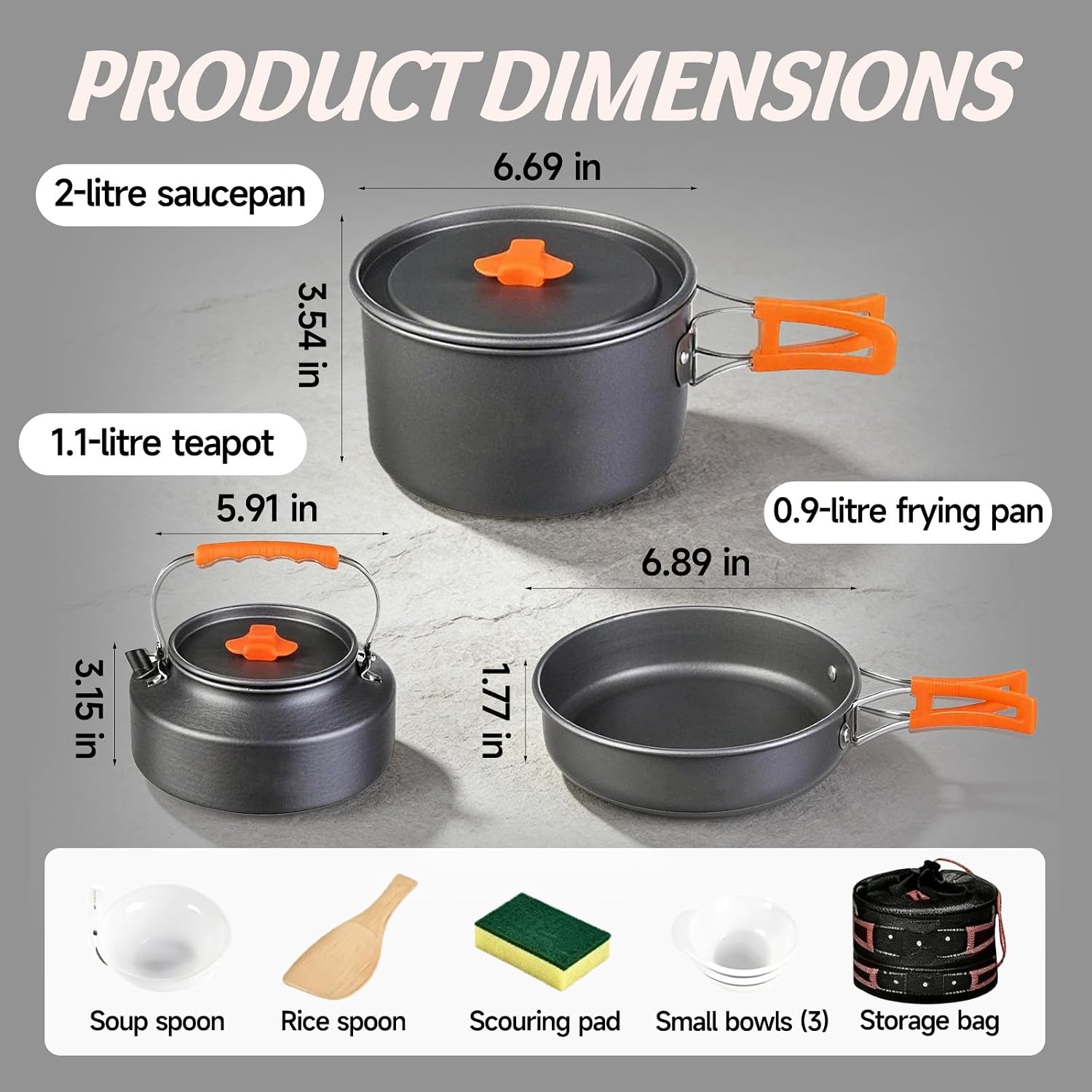 Camping Cookware, 10-Piece Non-Stick Foldable Mess Kit with Kettle | Crafted from durable anodized aluminum;